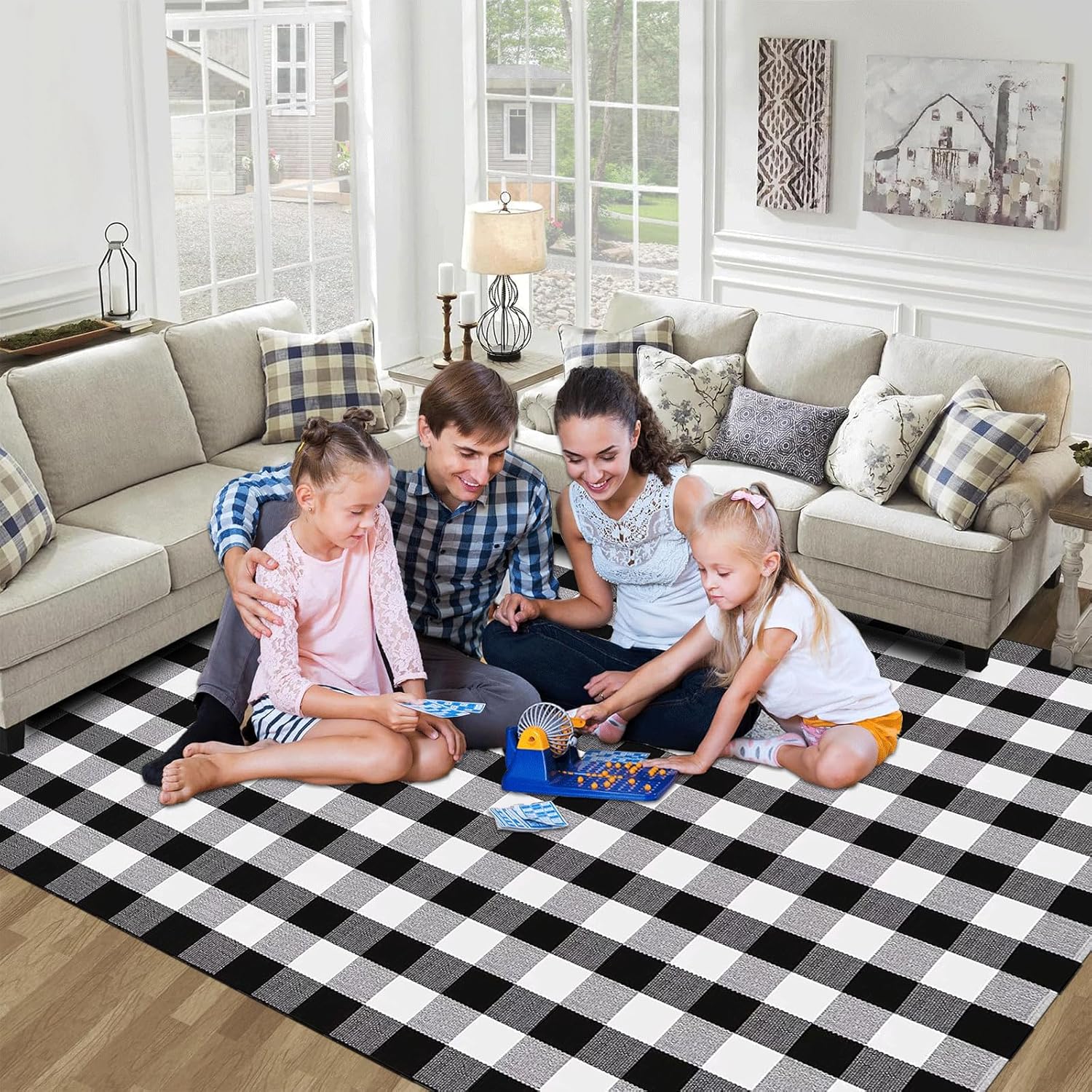 Black and White Checkered Area Rug 5.5' x 7.5' Buffalo Plaid Rug, Cotton Woven Washable Check Rug for Indoor and Outdoor, Dining Room, Bedroom, Living Room, Kitchen, (Black & White)