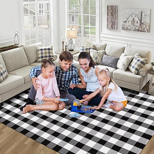 Miniatura 3 de Alfombra a cuadros en blanco y negro de 5.5 x 7.5 pies, alfombra de algodón tejida lavable para interiores y exteriores, comedor, dormitorio, sala