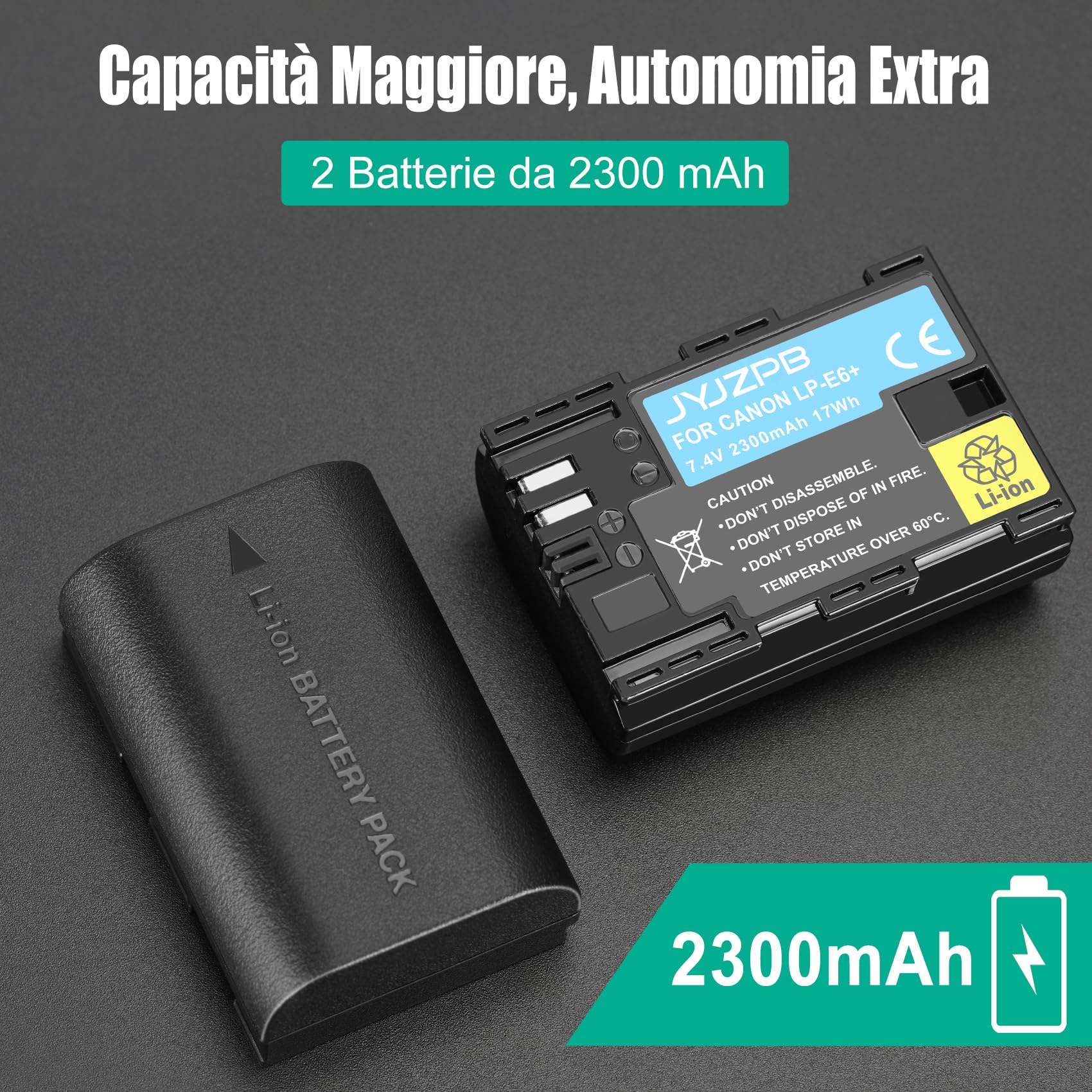 Batteria LP-E6 2300mAh Per Canon | Doppia Batteria + Caricabatterie 4 In 1 | Power Bank Per Fotocamere