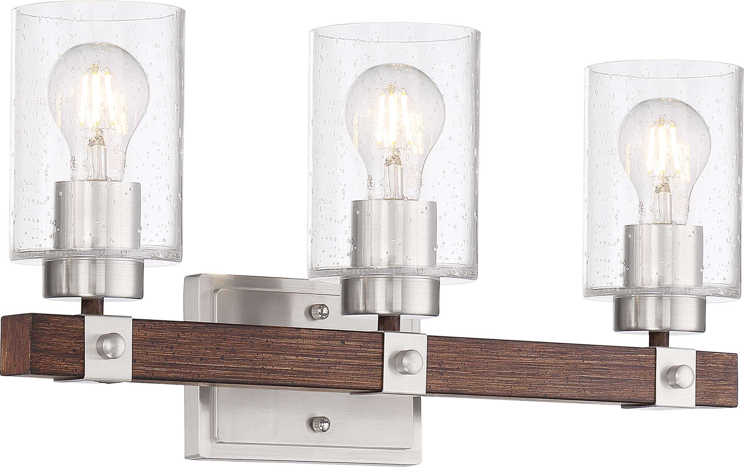 Nuvo 60/6963 Arabel Vanity Brushed Nickel and Nutmeg Wood Finish with Clear Seeded Glass, 3 Light
