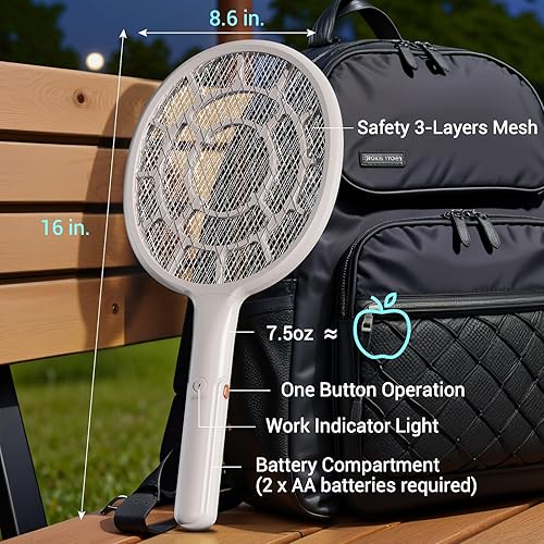 Electric Fly Swatter, Bug Zapper, Mosquito Zapper Racket | Gold Zone Voltage, Densest 3 mm Mesh, Apple-Like Weight - AA Battery Powered (not incl.) - Indoor & Outdoor Use with Pro Swat Tips(White-1 pack)