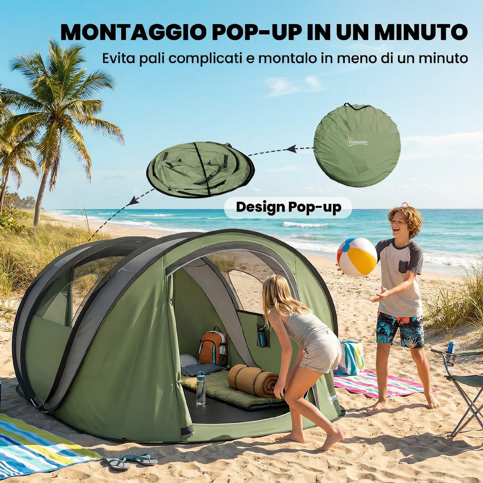 Outsunny Tenda da Campeggio Pop Up 4 Persone, Impermeabile 3000mm, con Borsa, Verde