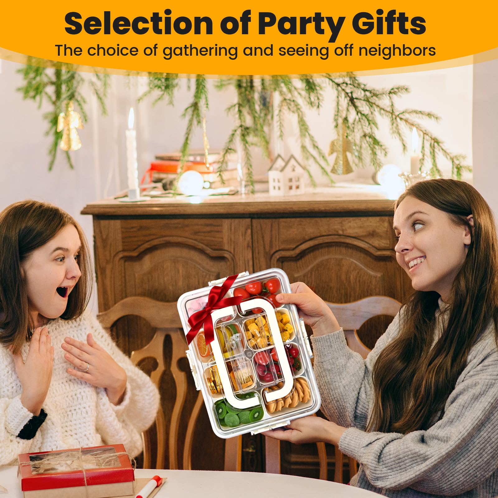 Linn'sCollection Recipiente para aperitivos con almacenamiento de cubiertos, bandeja de frutas, bandeja dividida con tapa y asa, contenedor portátil para aperitivos, contenedor de aperitivos de 8