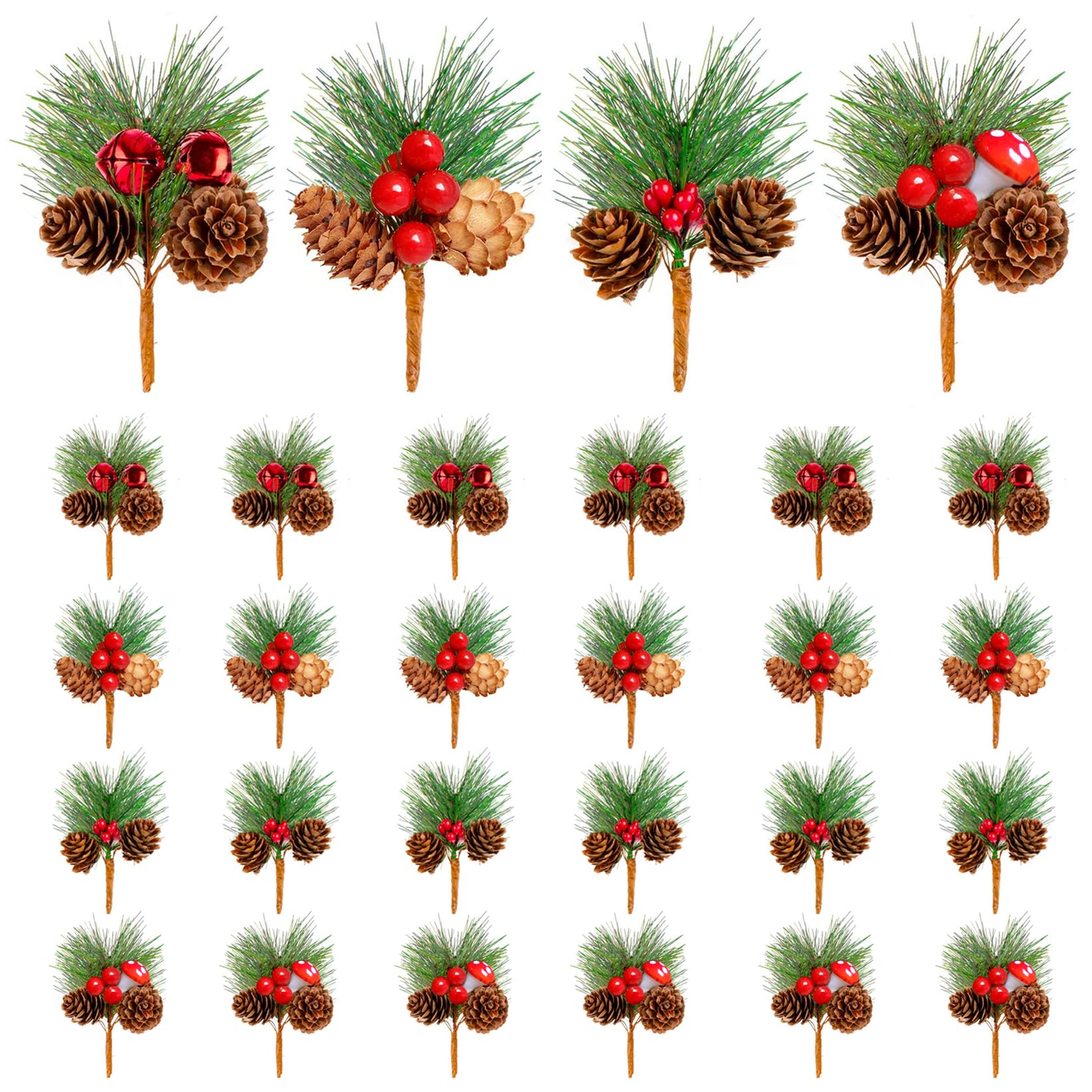 Ky-Tech 4 Mixed Styles 24 Pack Artificial Pine Picks - Red Berries & Pine Cones Christmas Wreath Making Supplies (4 Mixed Styles)