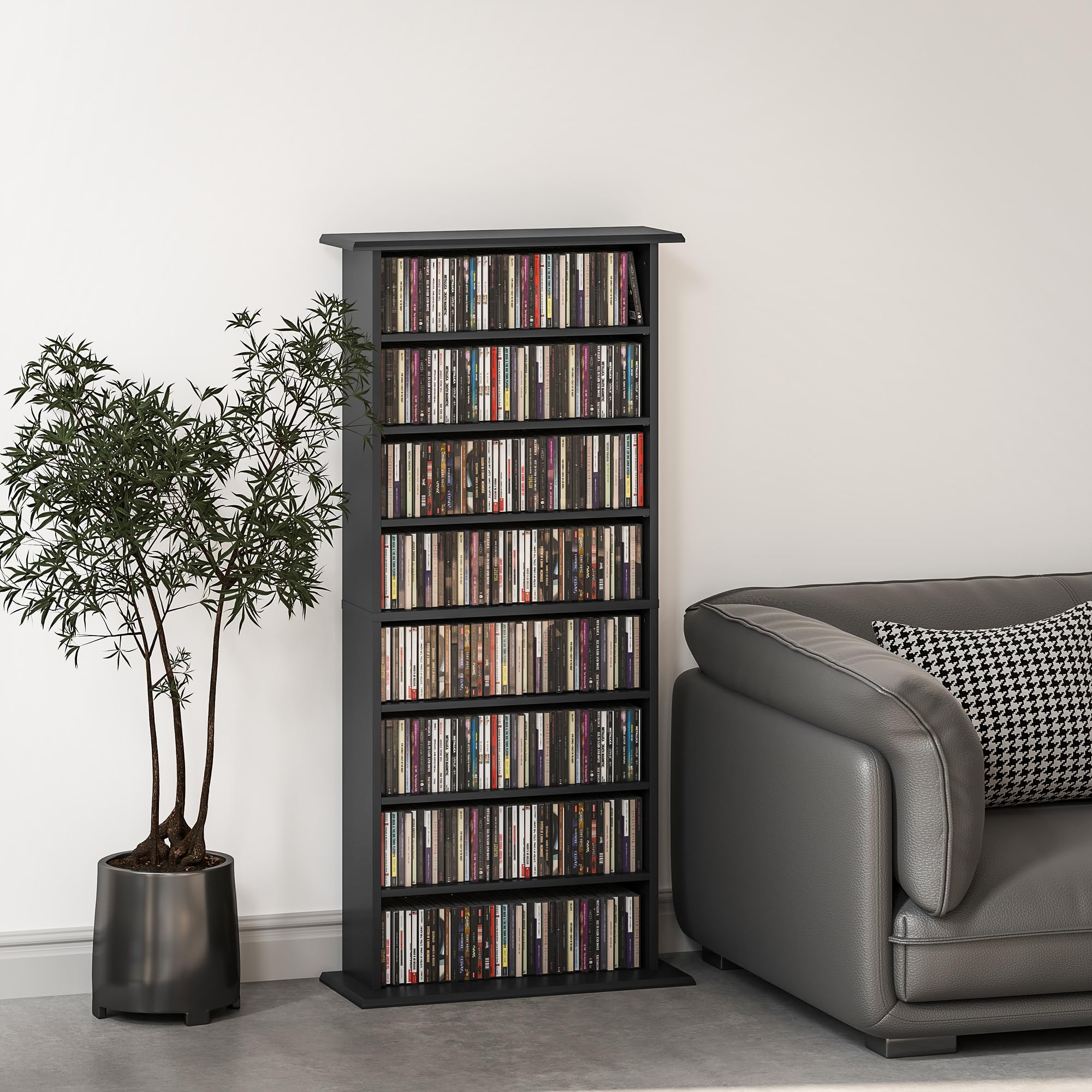 HOMCOM Mobile Porta CD con 6 Ripiani Regolabili, Scaffale Porta 360 CD/185 DVD Salvaspazio in Legno, Mobile Portacd con 8 Scomparti, per Soggiorno Camera da Letto Ufficio, 58x24x126.3 cm, Nero