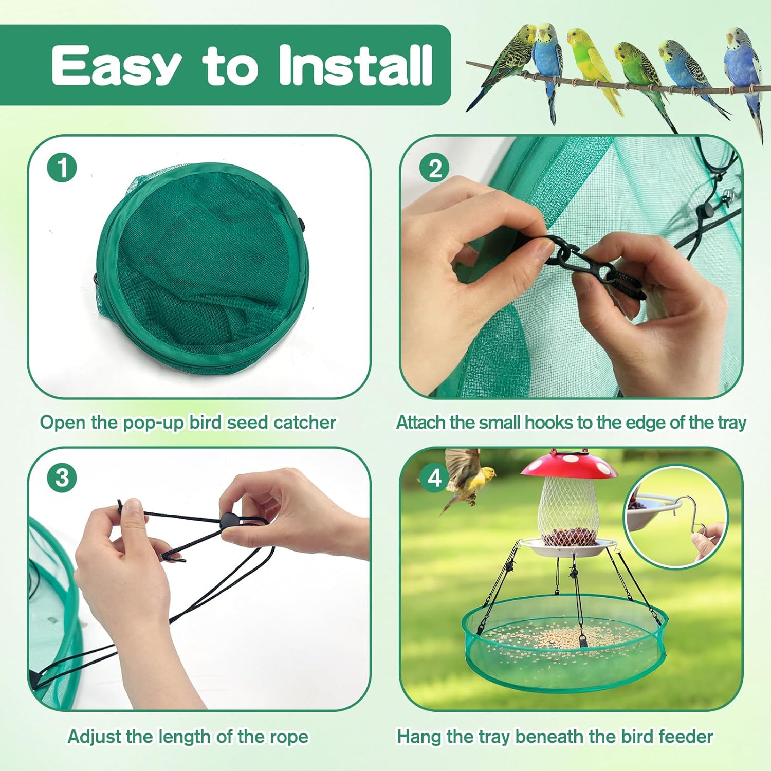 3PCS Bird Seed Catcher Tray 24 Inch Bird Seed Catcher Hanging Hoop Platform for Bird Feeders Includes S-Hooks, Adjustable Ropes & Portable Storage Pouch