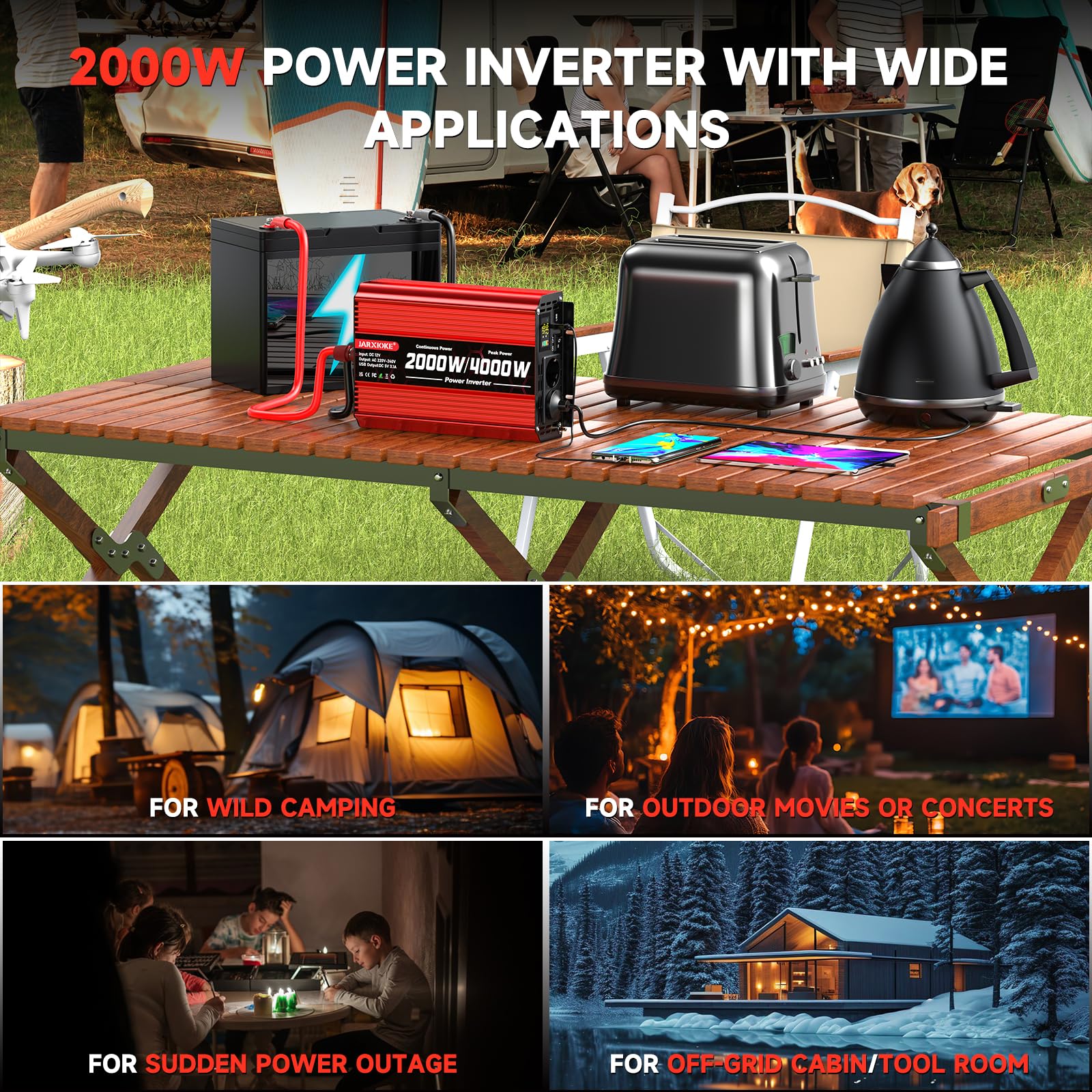 Przetwornica napięcia 2000 W, DC 12 V na AC 230 V, 2 gniazda AC i port USB, przetwornik prądu z wyświetlaczem LCD, do samochodów osobowych, przyczep kempingowych, ciężarówek