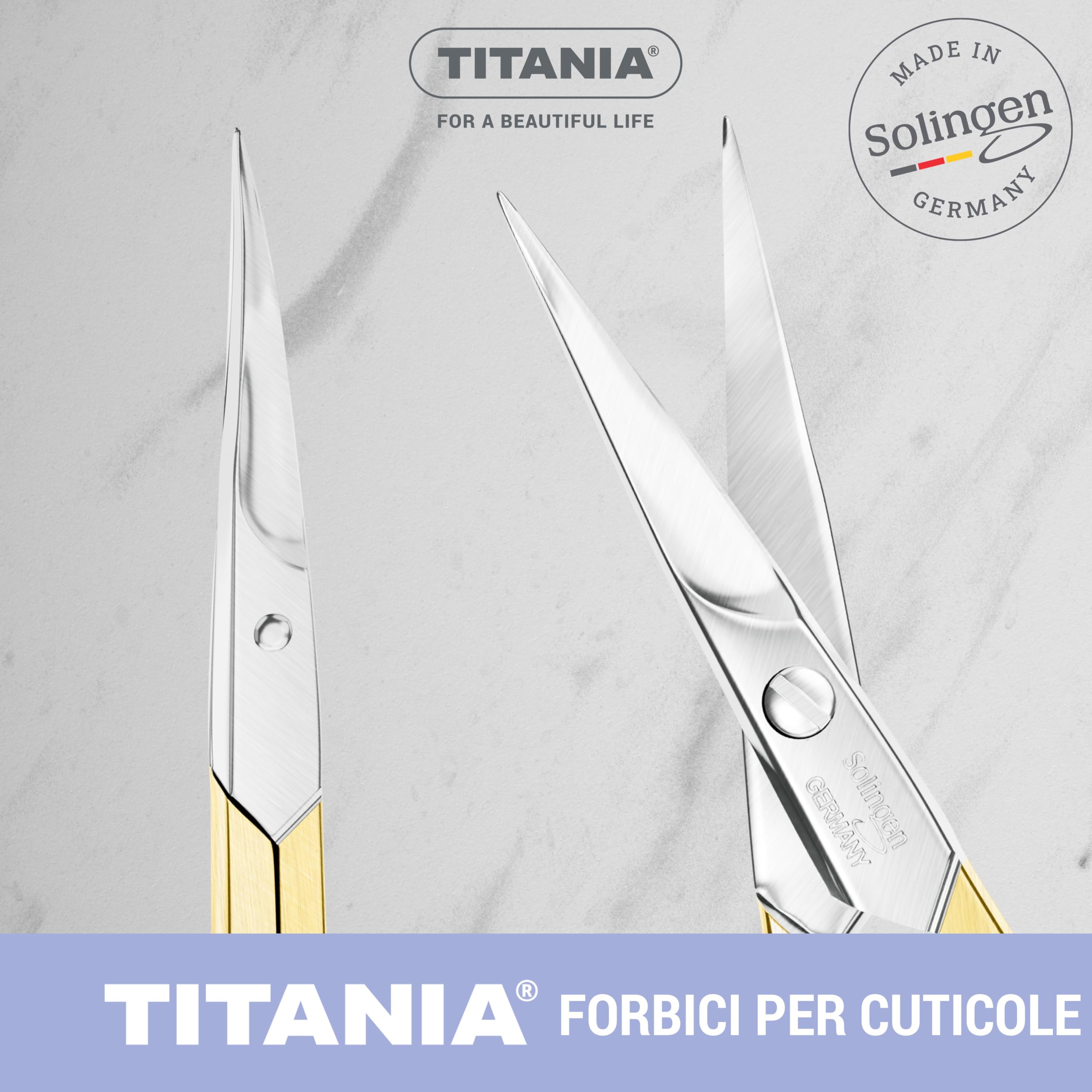 TITANIA Forbici per Cuticole Solingen con Punta Sottile Curve Dorate (9,5 cm) • Forbici Professionale per Cuticole Vergoldate • Forbici in Acciaio Carbonio di Alta Qualità • Made in Germany