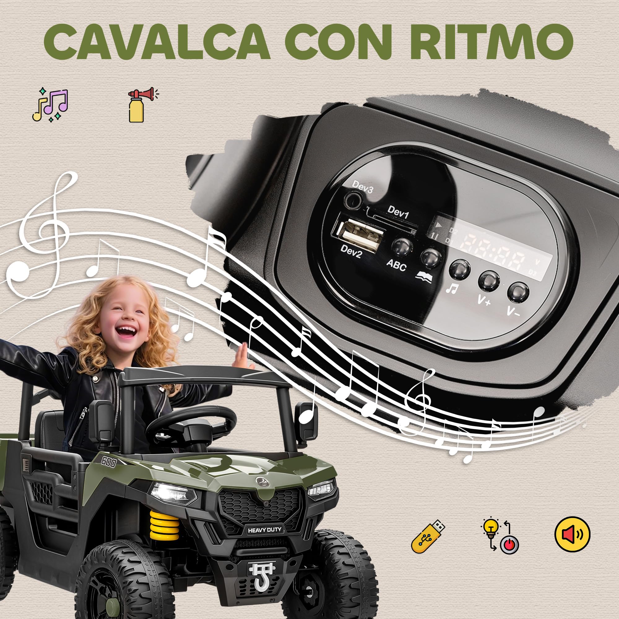 AIYAPLAY Macchina Elettrica per Bambini UTV 12V Fuoristrada Auto per Bambini con Bagagliaio, 2 Motori, Cintura 3 Punti, Telecomando, Sospensioni, USB, Musica, Luci, 1.8-3.7 km/h, 3-8 Anni, Verde