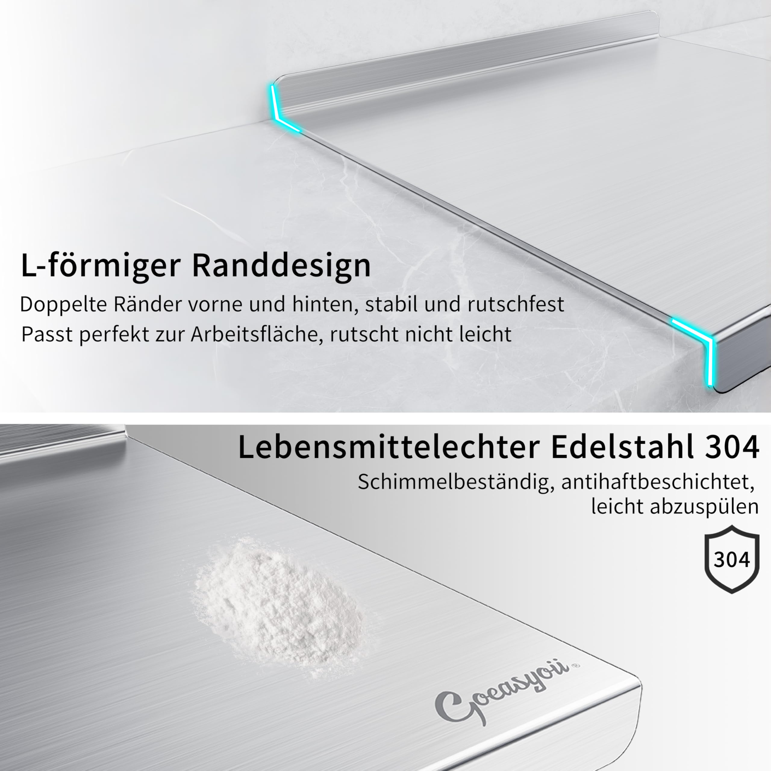 Arbeitsplatte Knetbrett Edelstahl Für Kneten & Backen, Nudelbrett, Backbrett mit Anschlagkante, Antibakteriell und Leicht zu Reinigen für Bäckerei, Restaurant und Bar, mit Falten und Etagere (50X40cm)