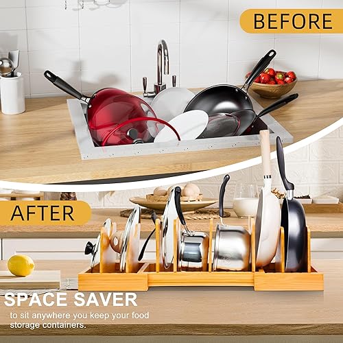 Miniatura 3 de MinBoo Organizador de tapa de olla expandible de bambú, organizador de ollas y sartenes, organizador de cajones para tapas de ollas, divisores