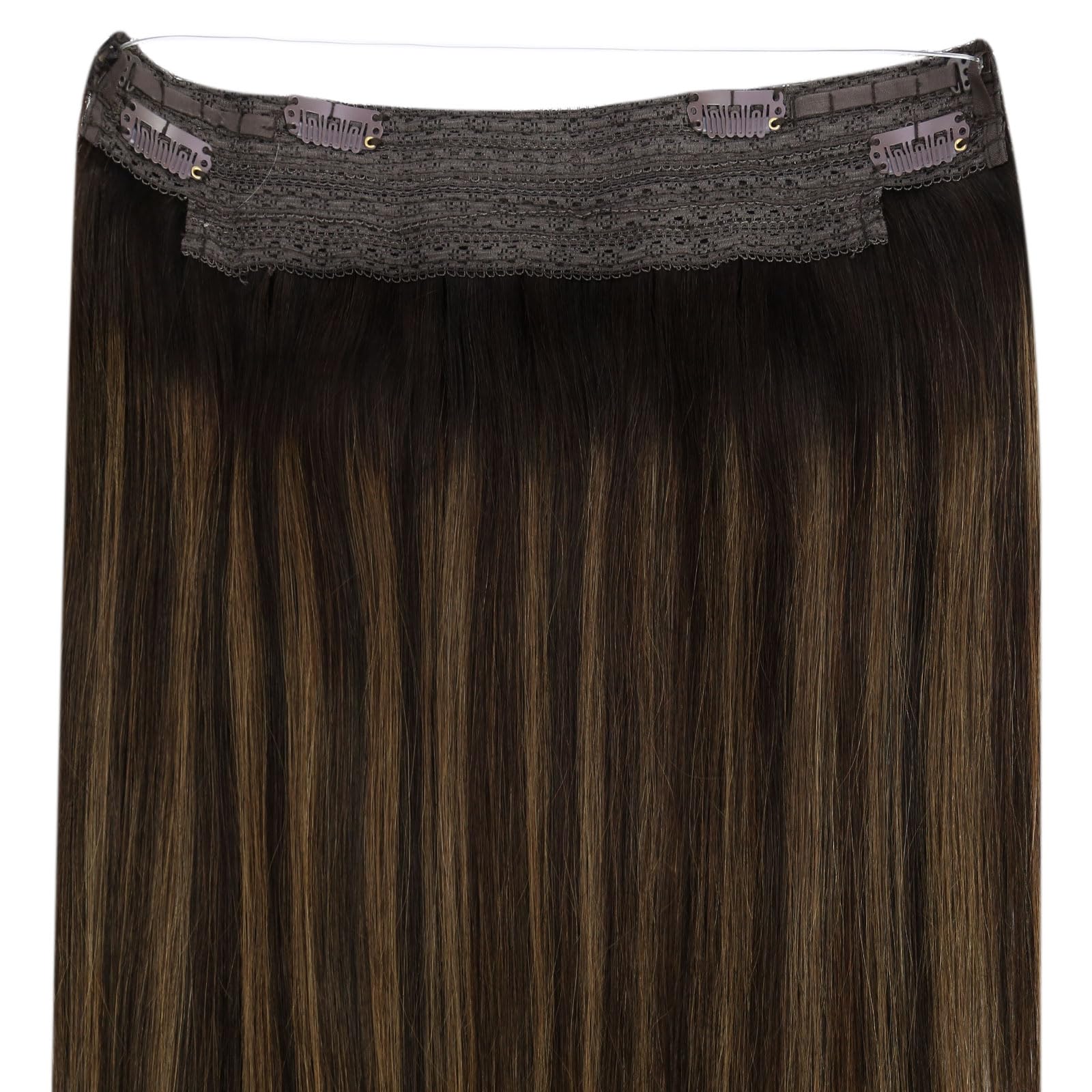 YoungSee Wire Hair Extensions Brown Balayage Invisible Wire Hair Extensions Real Human Hair Dark Brown Mix Medium Brown One Pice Hair Extensions Short Straight Hair 70G 12Inch — view 8