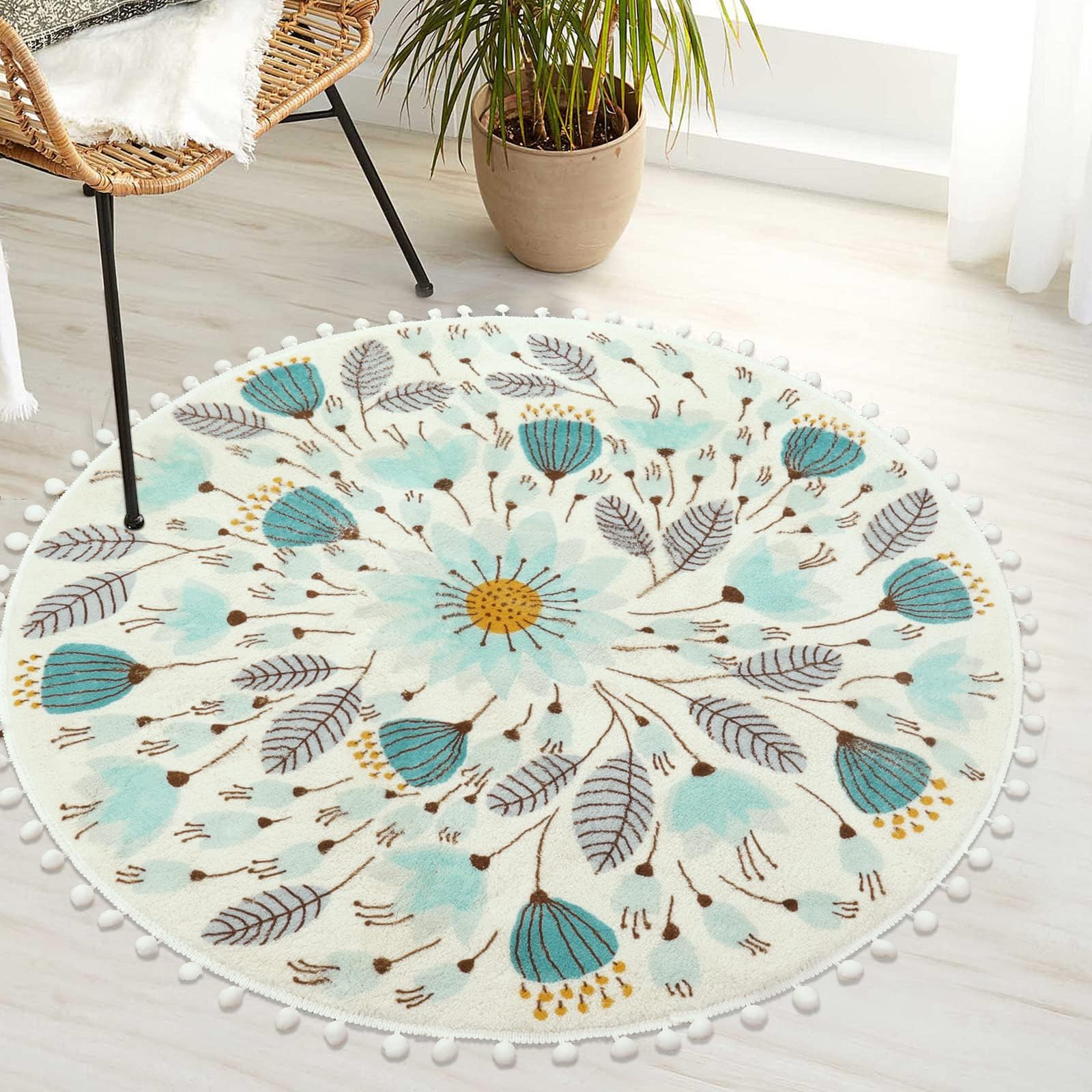 Uphome Round Rug for Bedroom 3' Circle Cute Bathroom Rugs with Pom Poms Fringe Floral Plant Washable Throw Rugs Non-Slip Soft Floor Mats for Sink