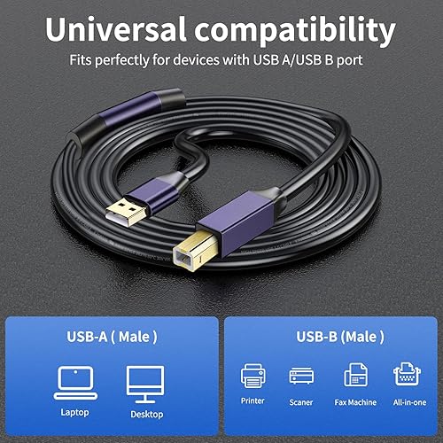 Miniatura 9 de GGMTY Cable de impresora de 30 pies, cable de impresora USB USB 2.0 tipo A macho a B macho, cable de escáner de alta velocidad compatible con HP,
