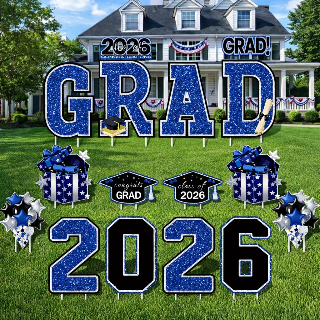 Graduation Yard Signs Class of 2026 – Congrats Grad Outdoor Lawn Decorations, Large Black & Blue Graduation Party Yard Sign Set, Waterproof Graduation Decor for High School & College