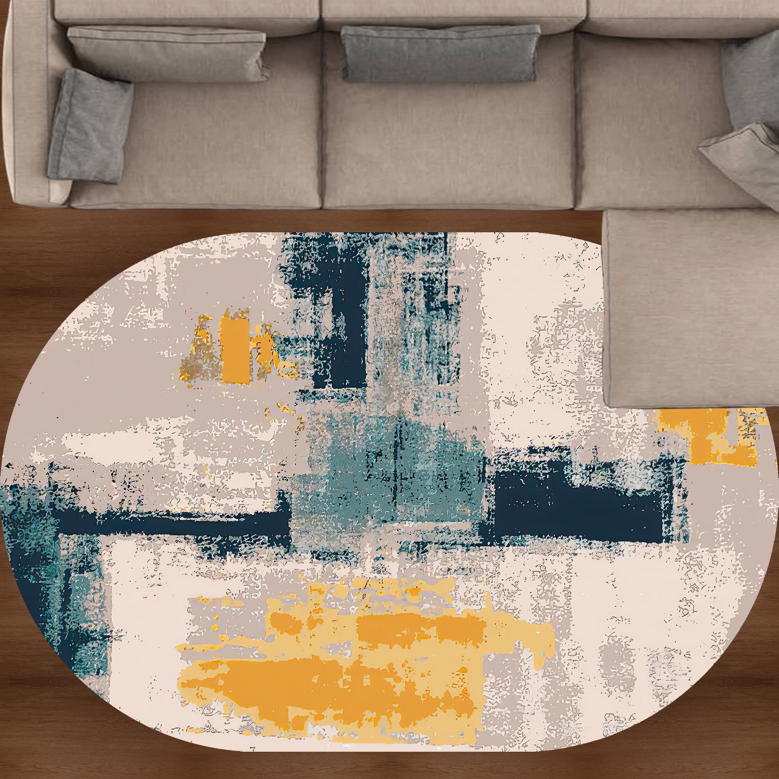 KTYUTJDH Area Rug Washable Carpet Small Accent Throw Rug for Doormat Entrance Decor,Navy Blue Ochre Yellow, Teal Blue Orange, Khaki-Grey Modern Design,Blue,Oval 80 x 150 cm