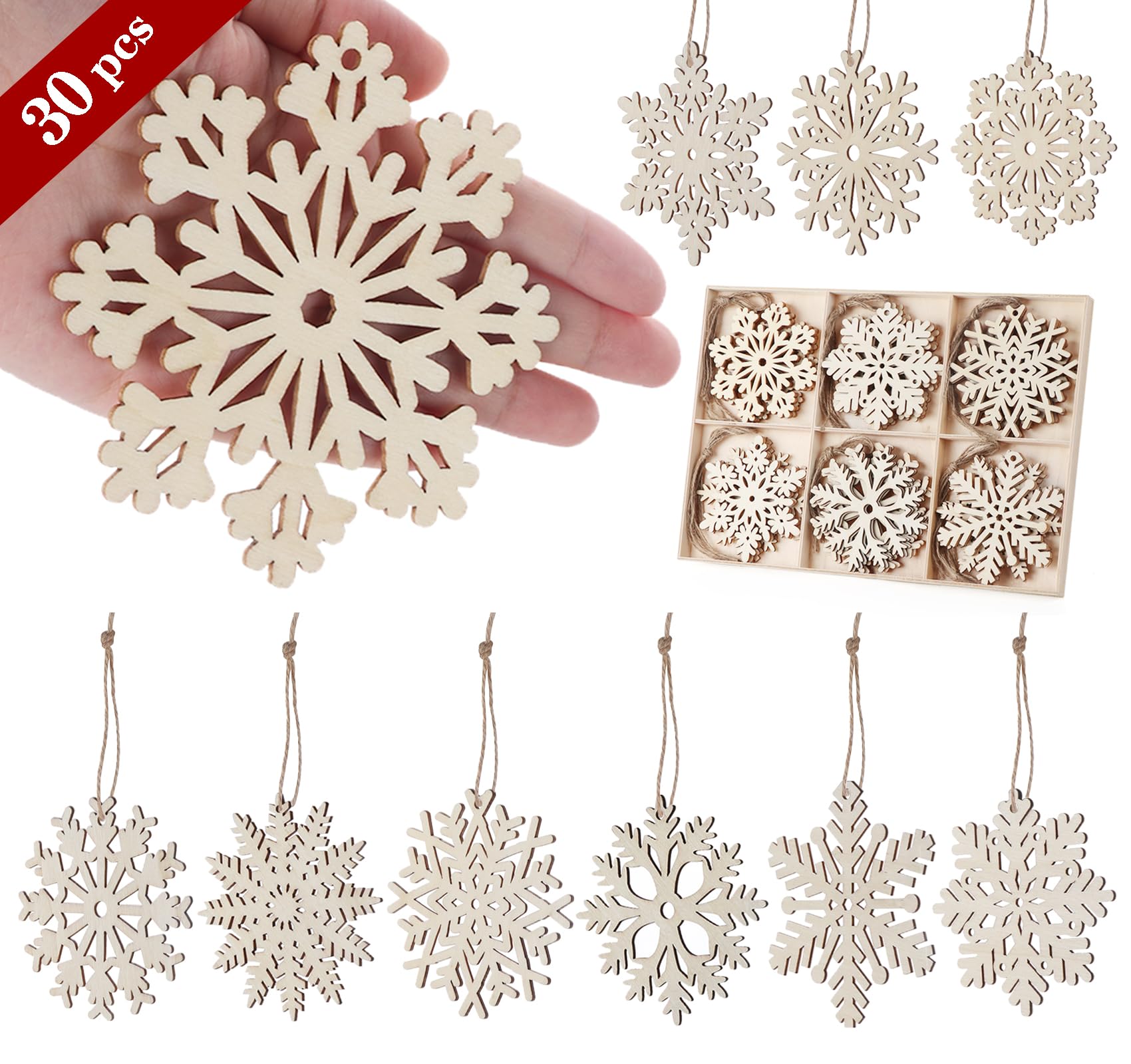 ilauke 30 Copos de Nieve de Madera, 10 Estilos Ahuecados Con Cuerda, Manualidades Adornos Colgantes para Árbol y Decoración de Navidad de Bricolaje