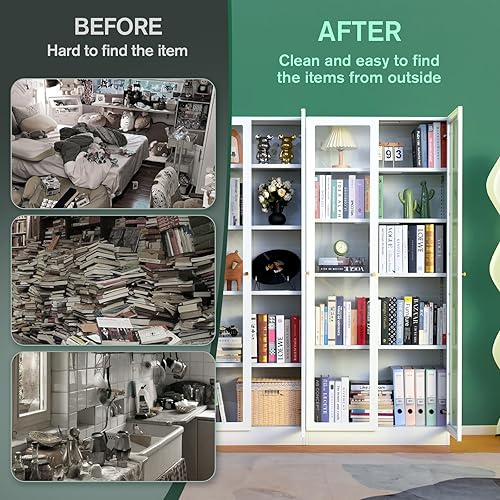 Miniatura 6 de IRONMIX Metal Bookshelf with Doors and Adjustable Shelves, 70.87" H Tall Bookcase, 5-Tier Curio Cabinet for Collectibles, White Storage Cabinet for