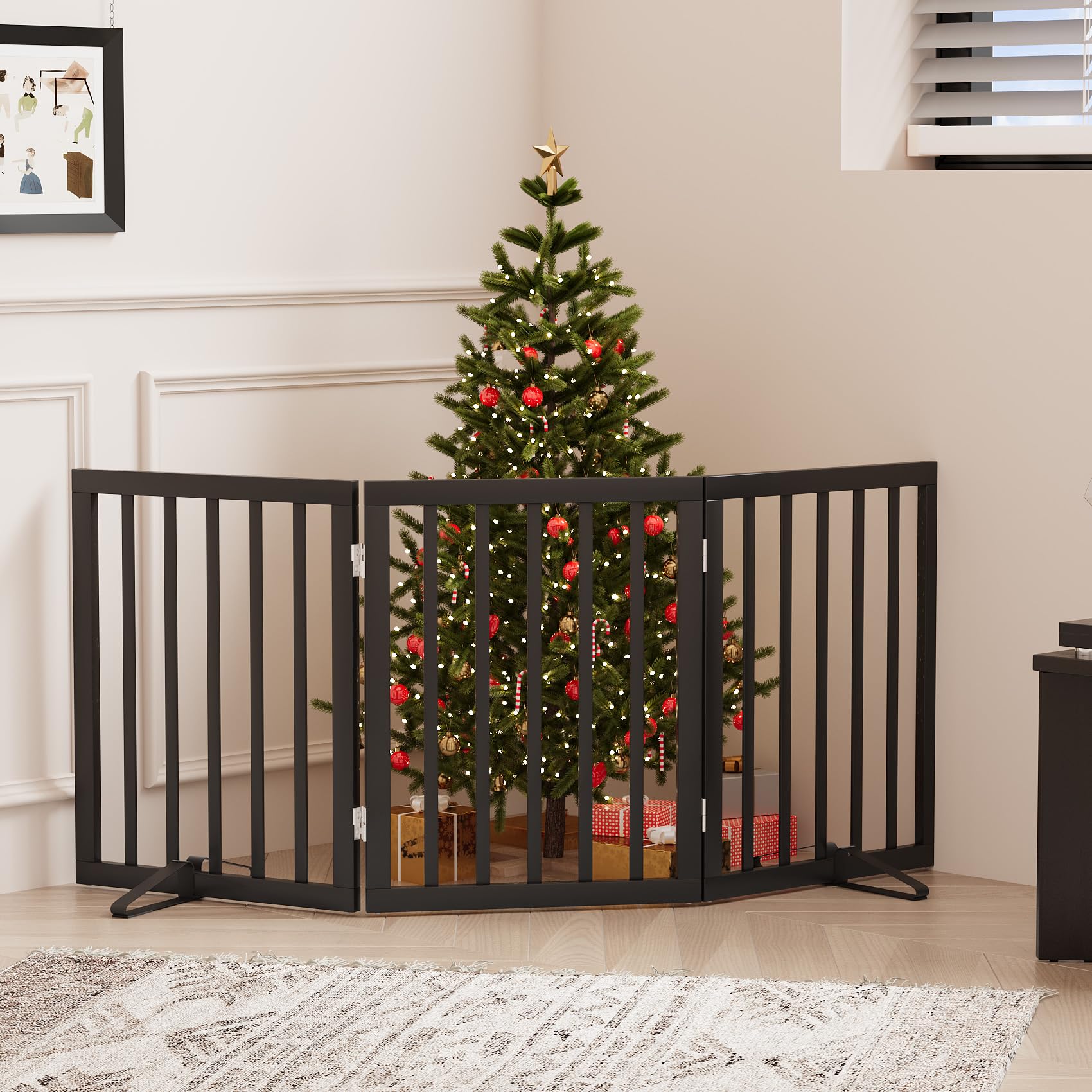 Dog Gates for Doorways, Foldable Dog Gate Indoor, Freestanding Pet Gates for Doorways Bedroom, Puppy Gate with Metal Support Feet, Room Divider 3 Panels (Black) — view 6