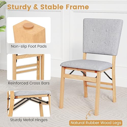 Miniatura 3 de KOTEK Juego de 2 sillas de comedor plegables, sillas de cocina tapizadas con patas de madera de goma maciza, sillas laterales plegables sin brazos