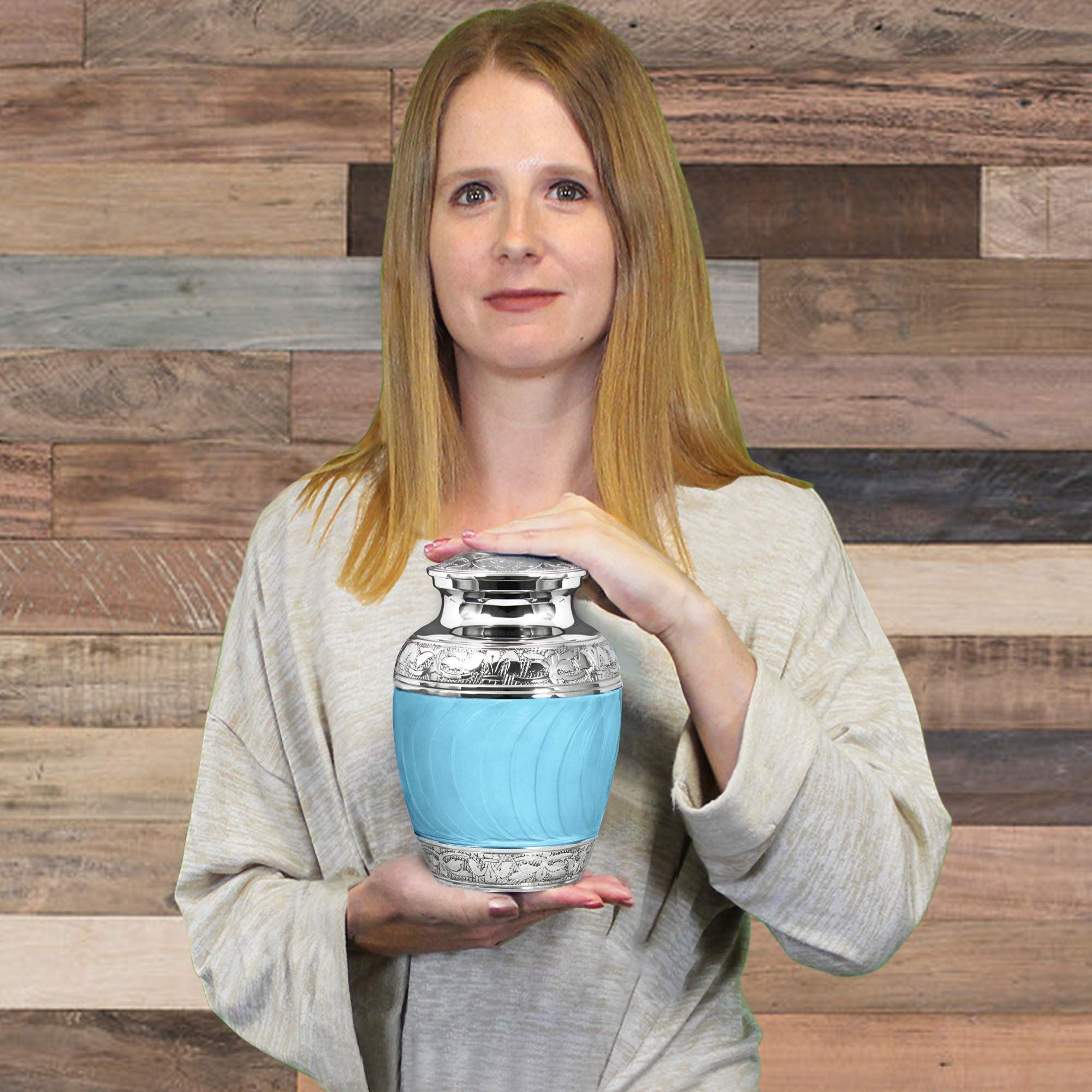Condition photo showing New/Like New for trupoint memorials medium urns for human ashes - cremation urn for moms who lost their child, handcrafted baby urns for ashes, small urns for human ashes - light blue, medium