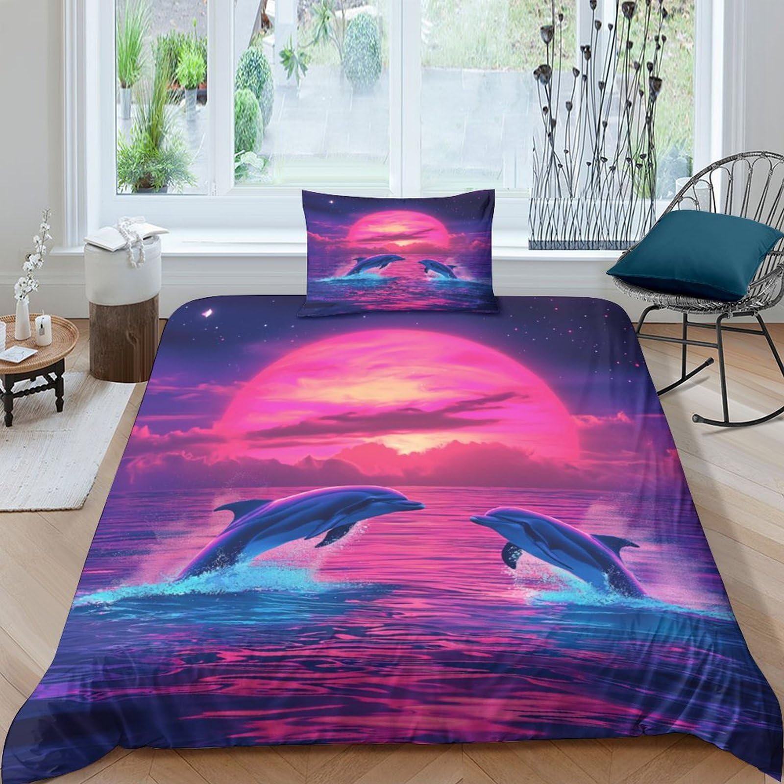 Housse de couette dauphin 3D en microfibre respirante pour un lit simple au décor marin