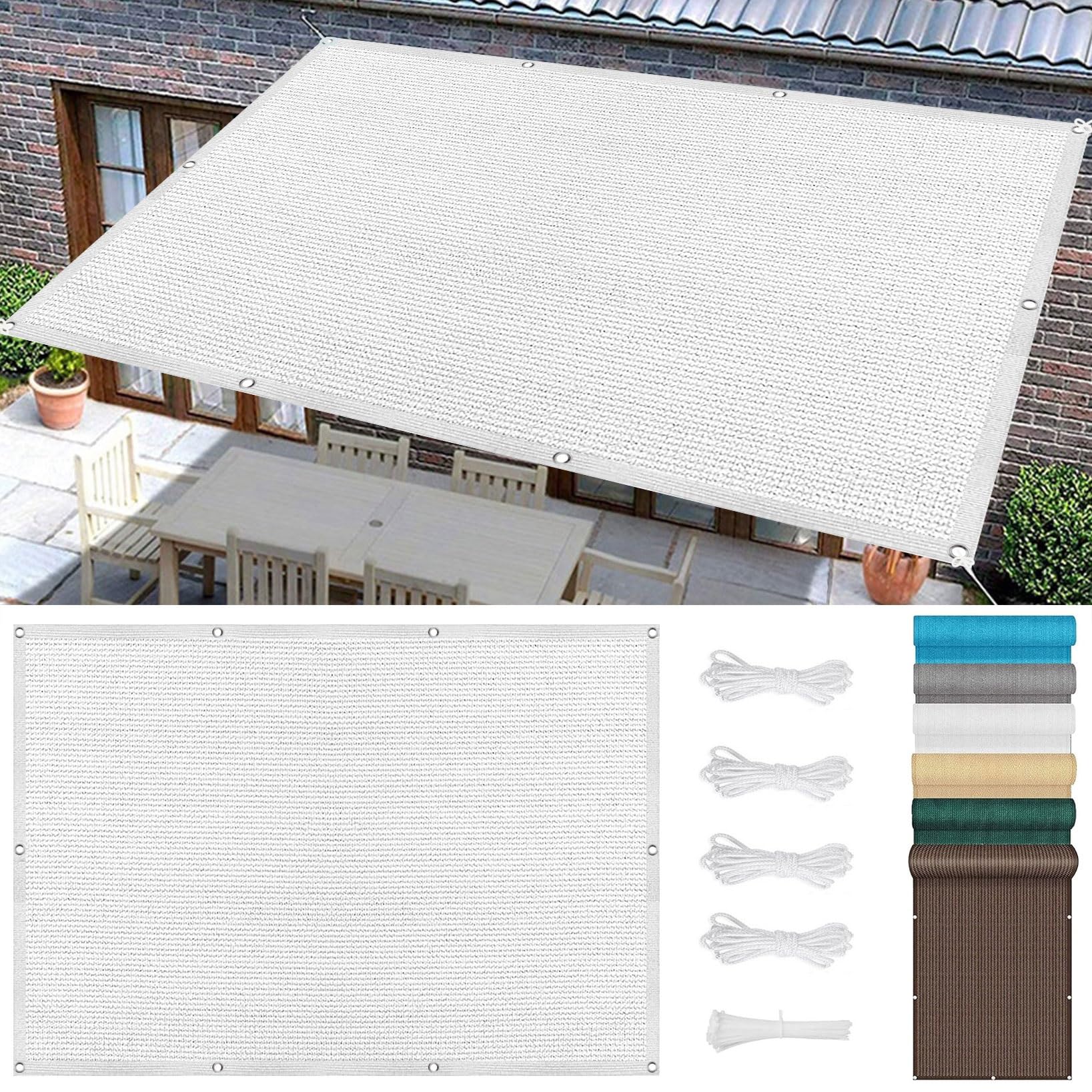 Voile d'ombrage jardin rectangulaire blanche avec cordon et brise-vent