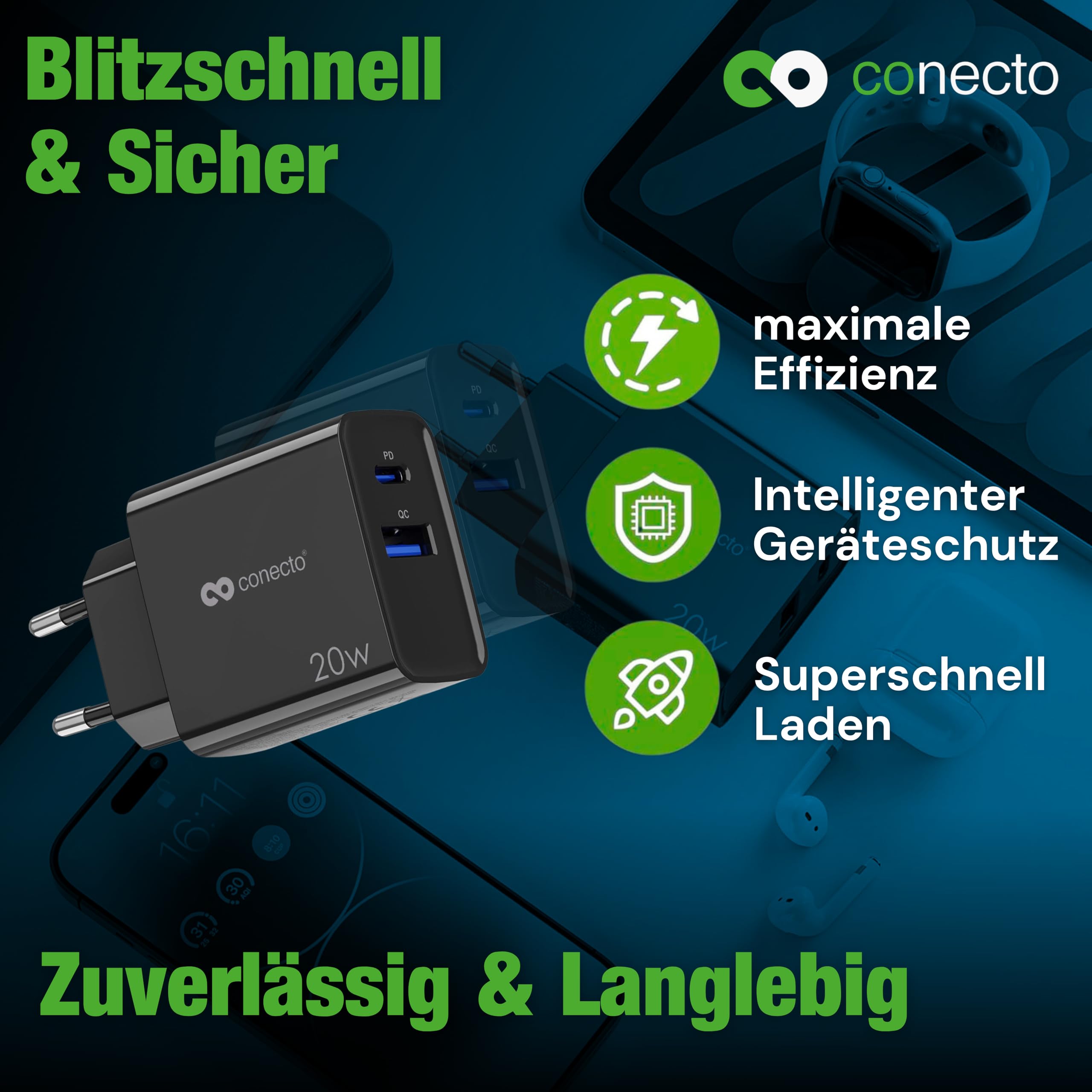 conecto Ładowarka USB C, 2-portowy adapter, zasilacz sieciowy 20 W, szybka ładowarka kompatybilna z Apple iPhone 15, Samsung, tabletem, laptopem UVM, ładowarką PD QC, czarna