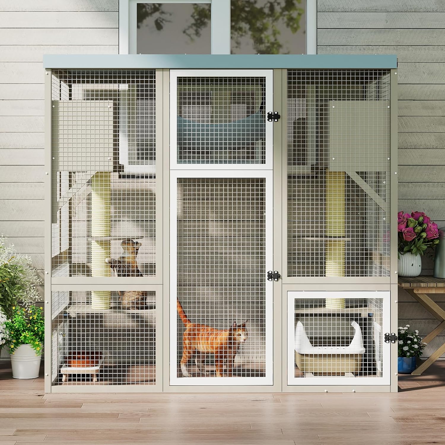 Large Catio Outdoor Cat Enclosure, 61" H Cat House Kitty Cage for Multiple Indoor Outdoor Cats, Outside Patio with Multi-Level Platforms, Scratching Post, Waterproof Roof
