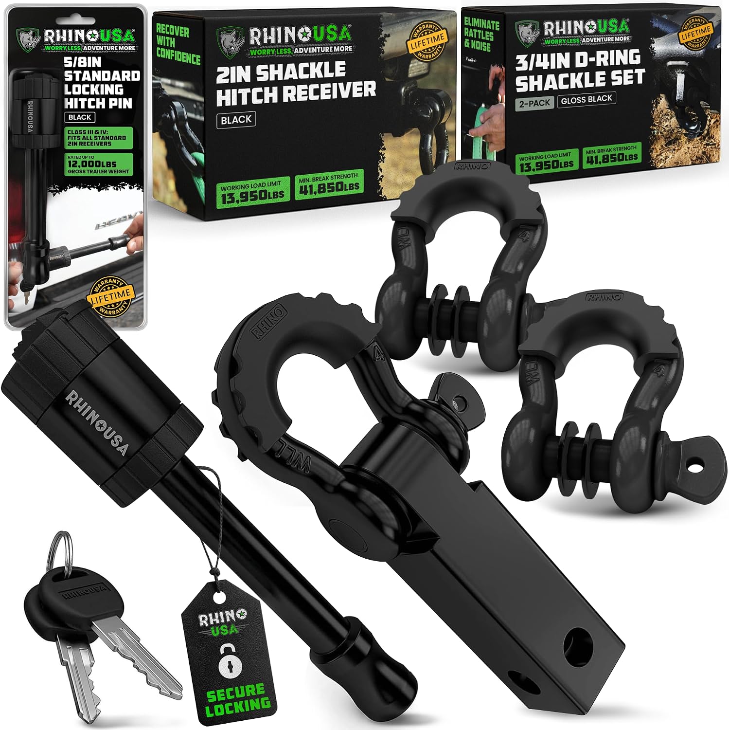 Rhino USA (2") Hitch Pin + (2") Shackle Hitch Receiver + (3/4") D-Ring Shackles - Heavy-Duty Towing, Secure Recovery, Anti-Theft Protection