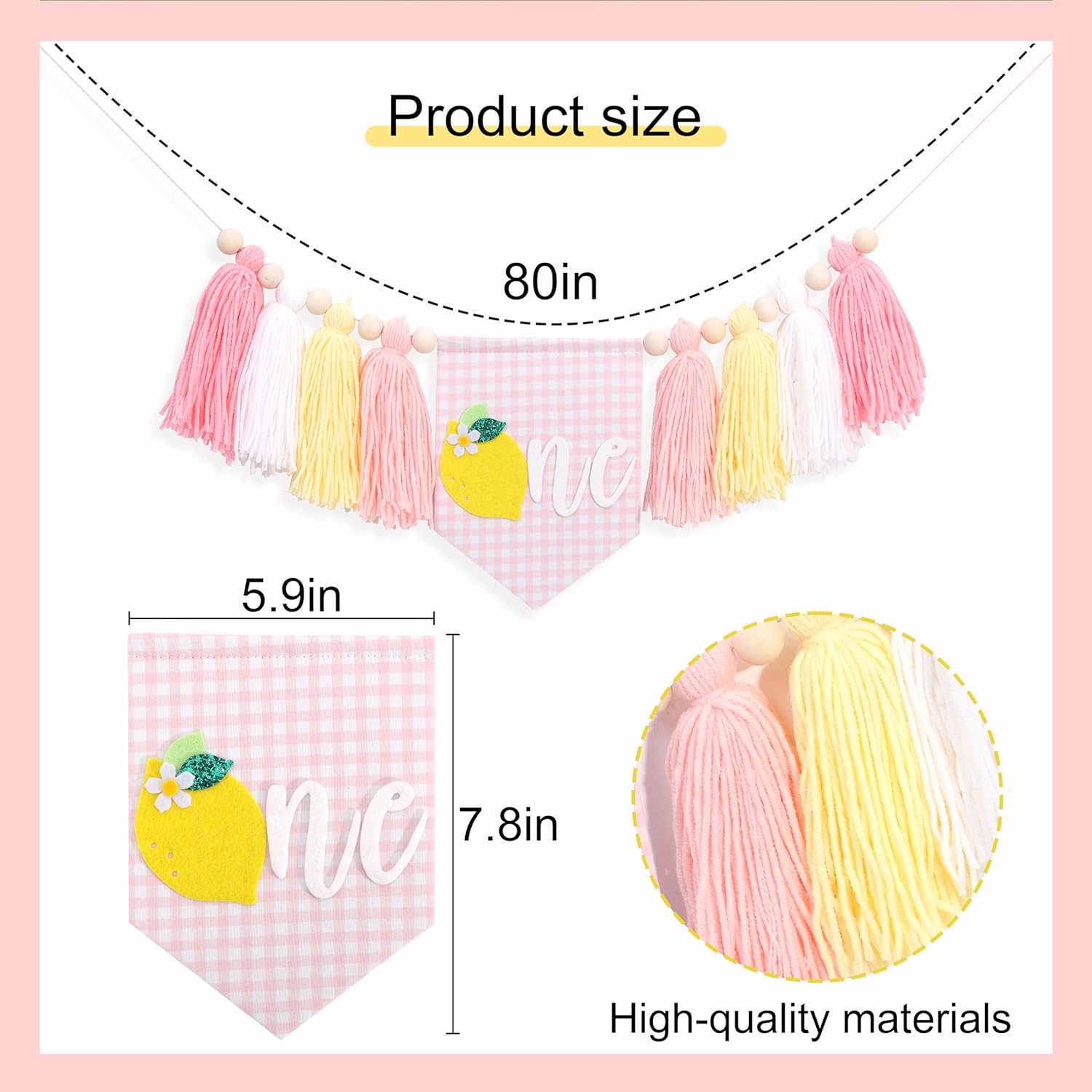 Lemon First Birthday High Chair Banner - Pink Gingham One highchair Banner with Yarn Tassels for Baby Girl 1st Birthday Decorations, Lemon Sweet One Theme Party Decor - Image 2