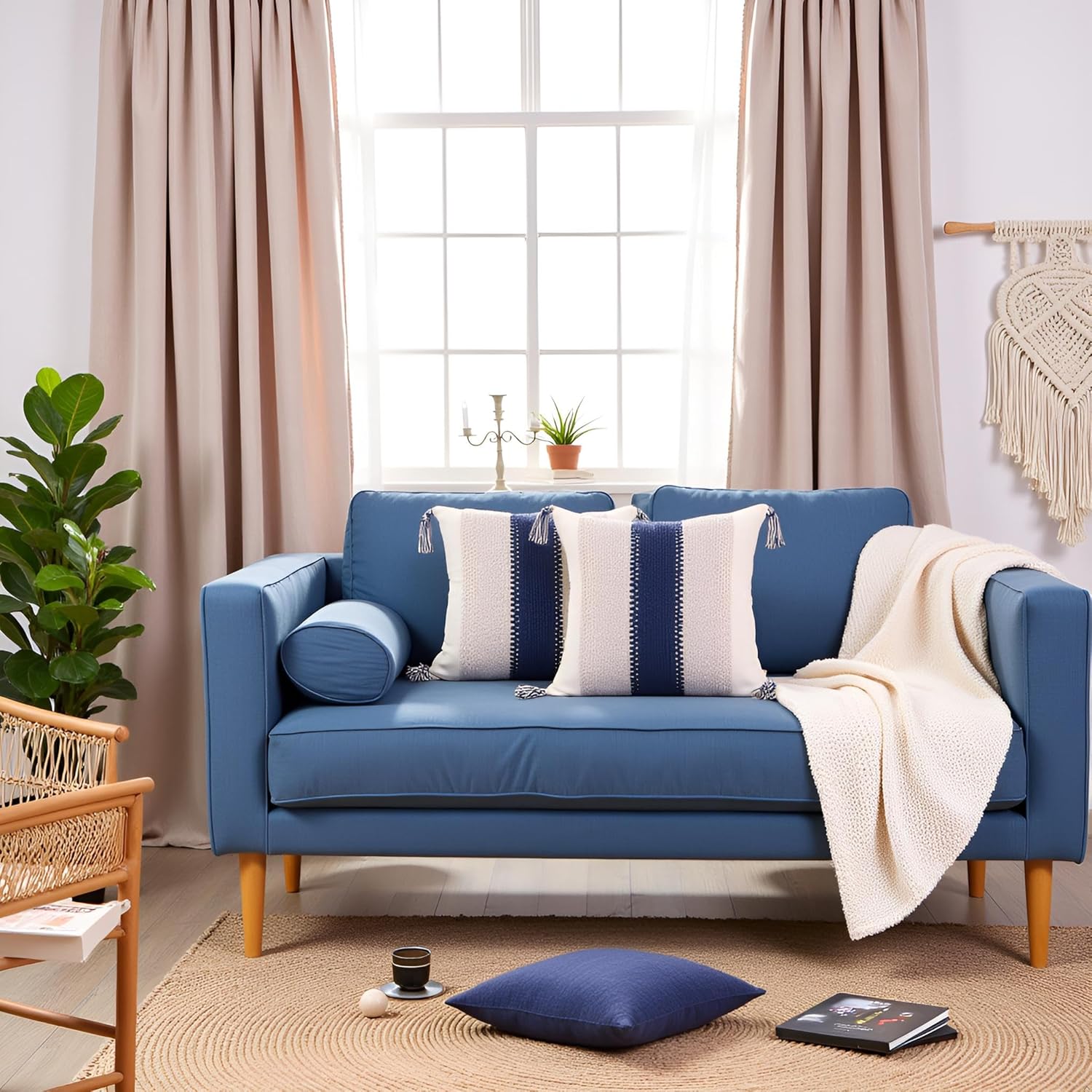 Tosleo Stripe Throw Pillow Covers 18x18 Set of 2 with Tassels Boho Navy Blue Pillow Covers Neutral Coastal Pillowcase Farmhouse Rustic Retro Cushion Case Bohemian Home Spring Decor - Image 6