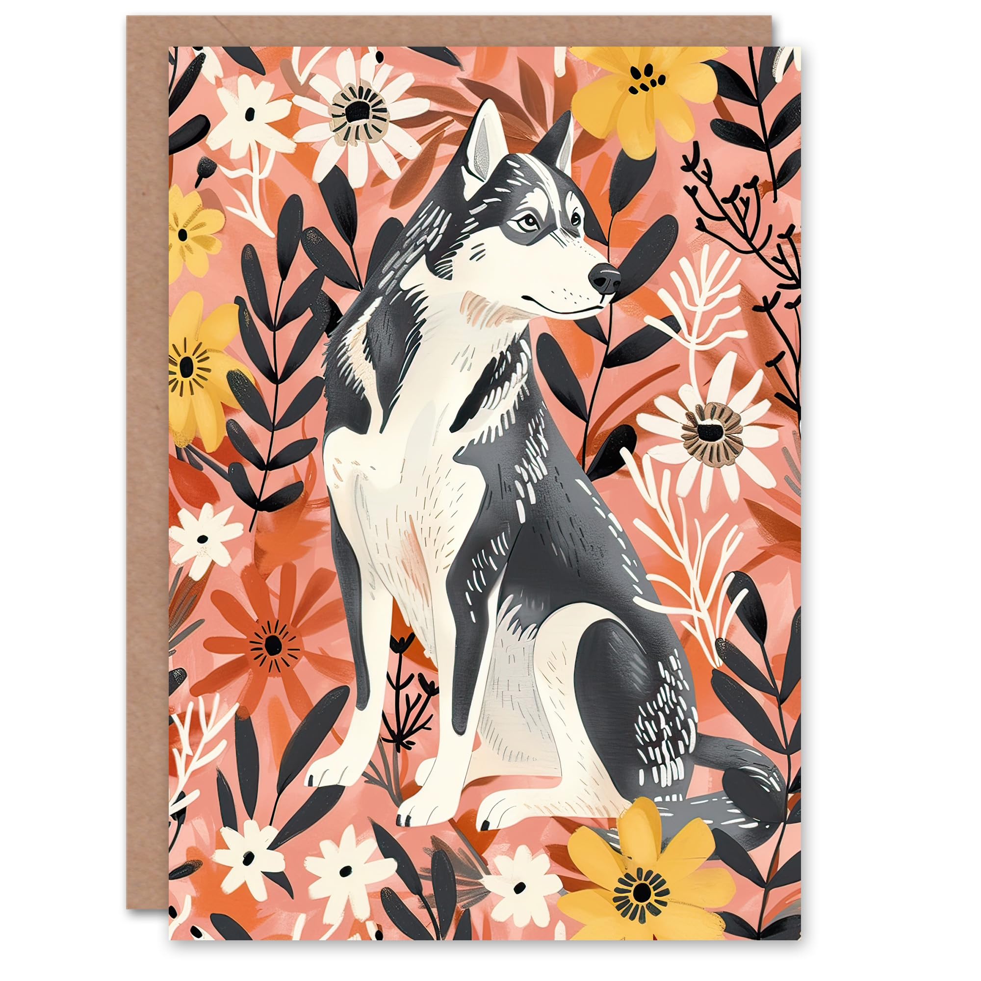 Artery8 Greeting Card Dog Lover Siberian Husky Rustic Pink Floral Blank For Him Or Her Art Birthday Card
