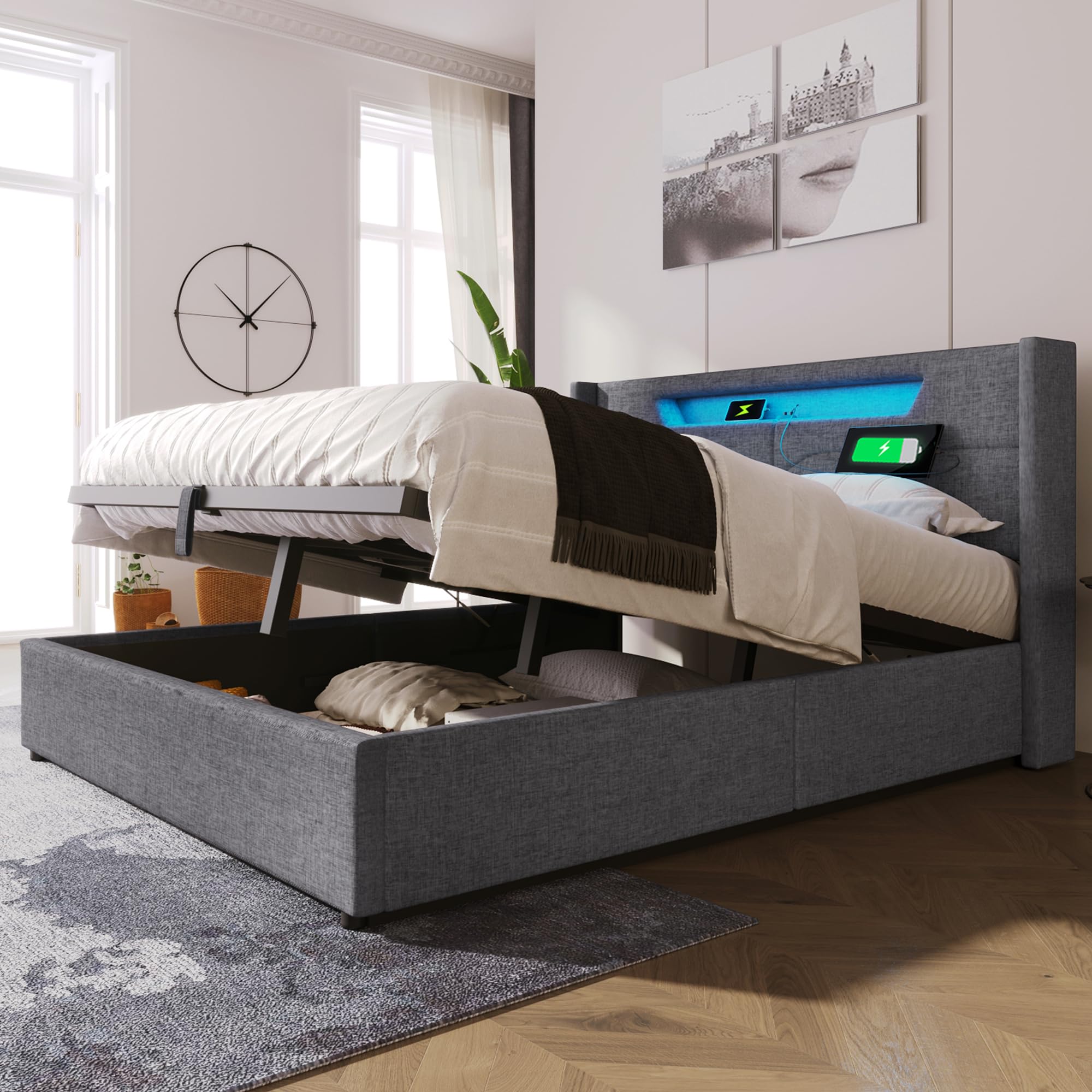 Aunvla Gestoffeerd bed met ledverlichting, tweepersoonsbed met USB type C- oplaadfunctie, opbergruimte, bedframe van linnen materiaal, jeugdbed, 160 x 200 cm, met lattenbodem (zonder matras