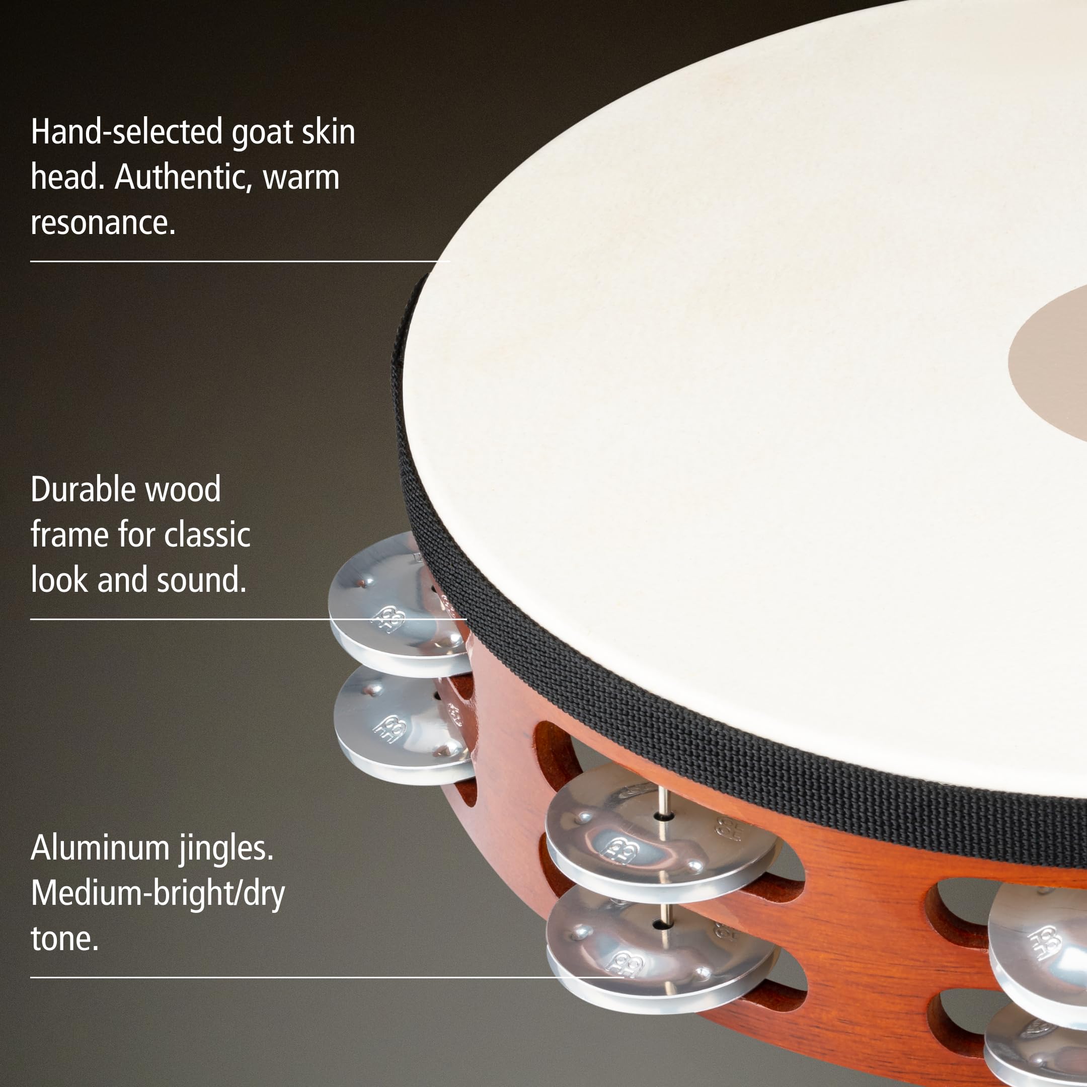 Meinl Percussion Traditional Goatskin Wood Tambourine, Braun (TAH2A-AB) | Tamburin mit 2 Reihen Jingles, Durchmesser 10 Zoll, mit Ziegenfell, Holz und Aluminium