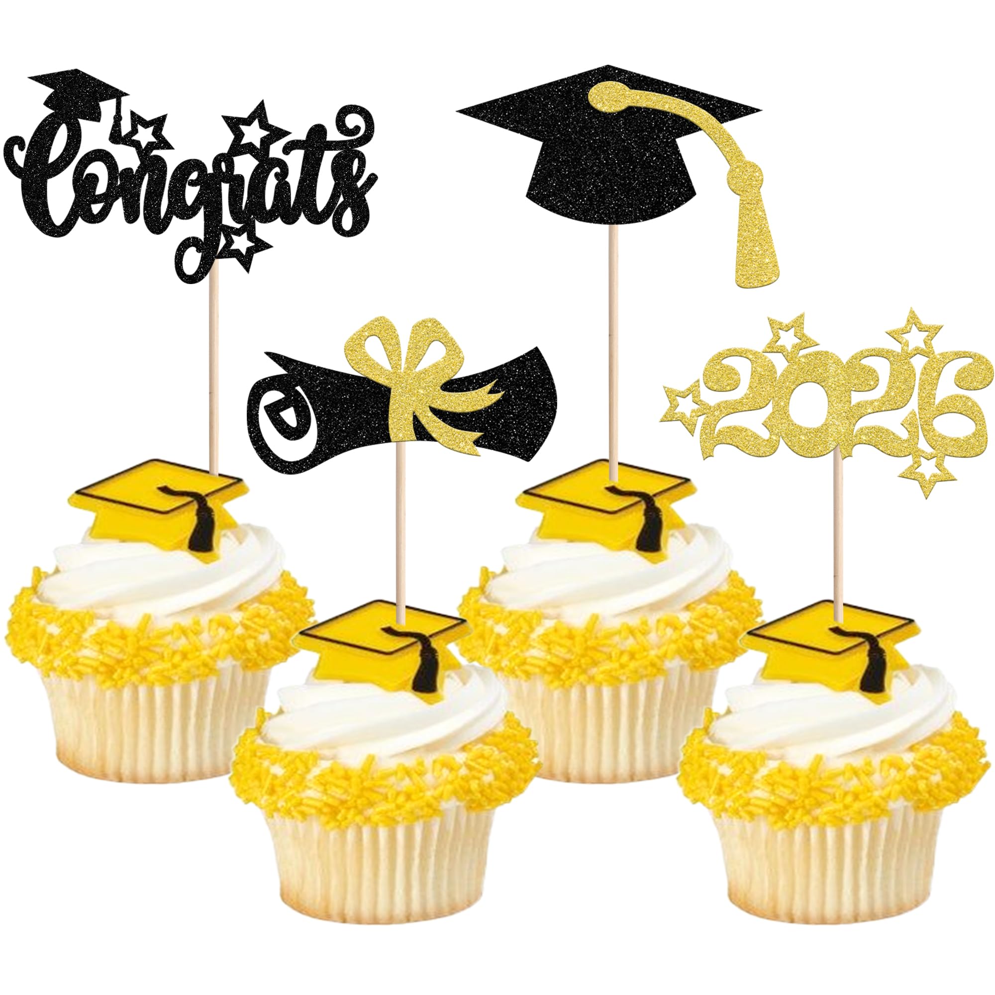 Xsstarmi 36 Pack Star Congrats Grad Cupcake Toppers Glitter Grad Cap You Did it Cupcake Picks for Diploma Done Class of 2026 Graduation Party Cake Decorations Supplies Gold