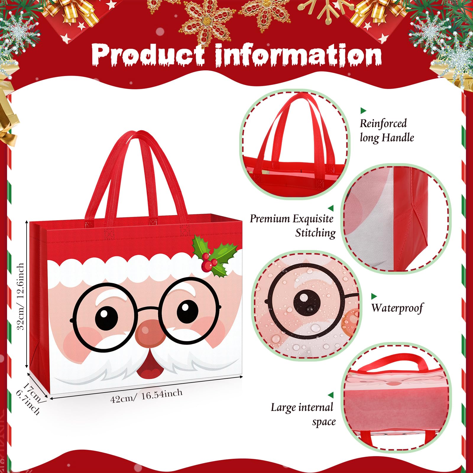 Hillban Lot de 36 sacs cadeaux de Noël extra larges réutilisables en vrac non tissés avec poignées - 41 x 32 x 17 cm