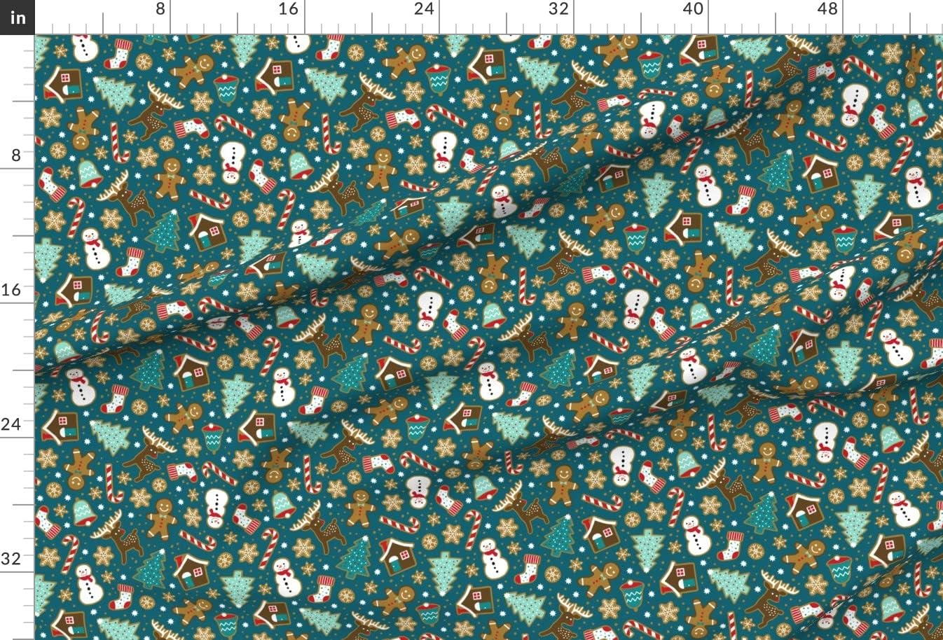 Spoonflower Fabric - Christmas Gingerbread Cookies Dark Teal House Tree Snowman Winter Printed on Upholstery Velvet Fabric Fat Quarter - Upholstery Home Decor Bottomweight Apparel