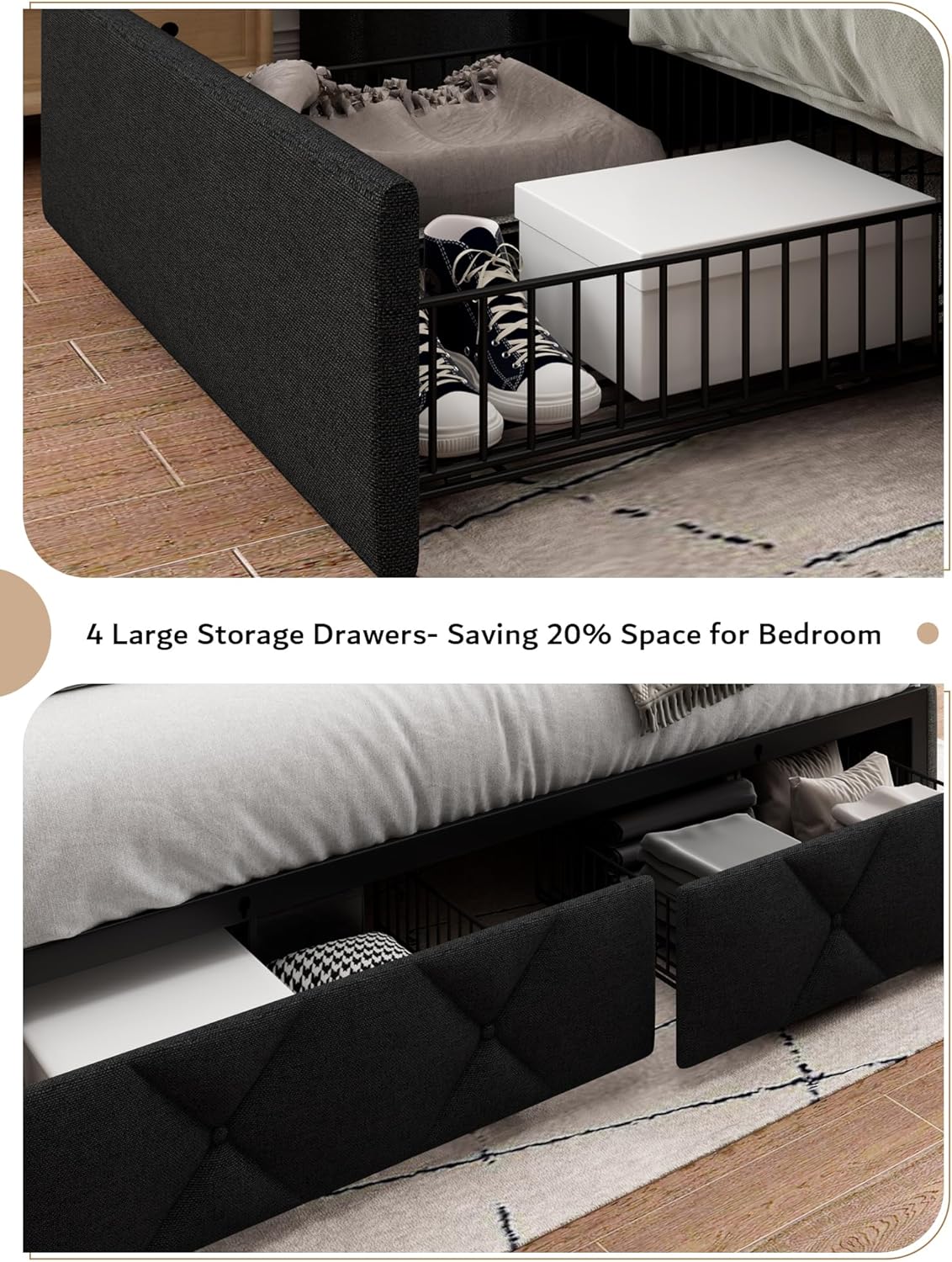 iPormis Full Size Bed Frame with 4 Storage Drawers, Upholstered Platform Bed Frame with Charging Station, Modern Wingback Storage Headboard, Easy Assembly, Black