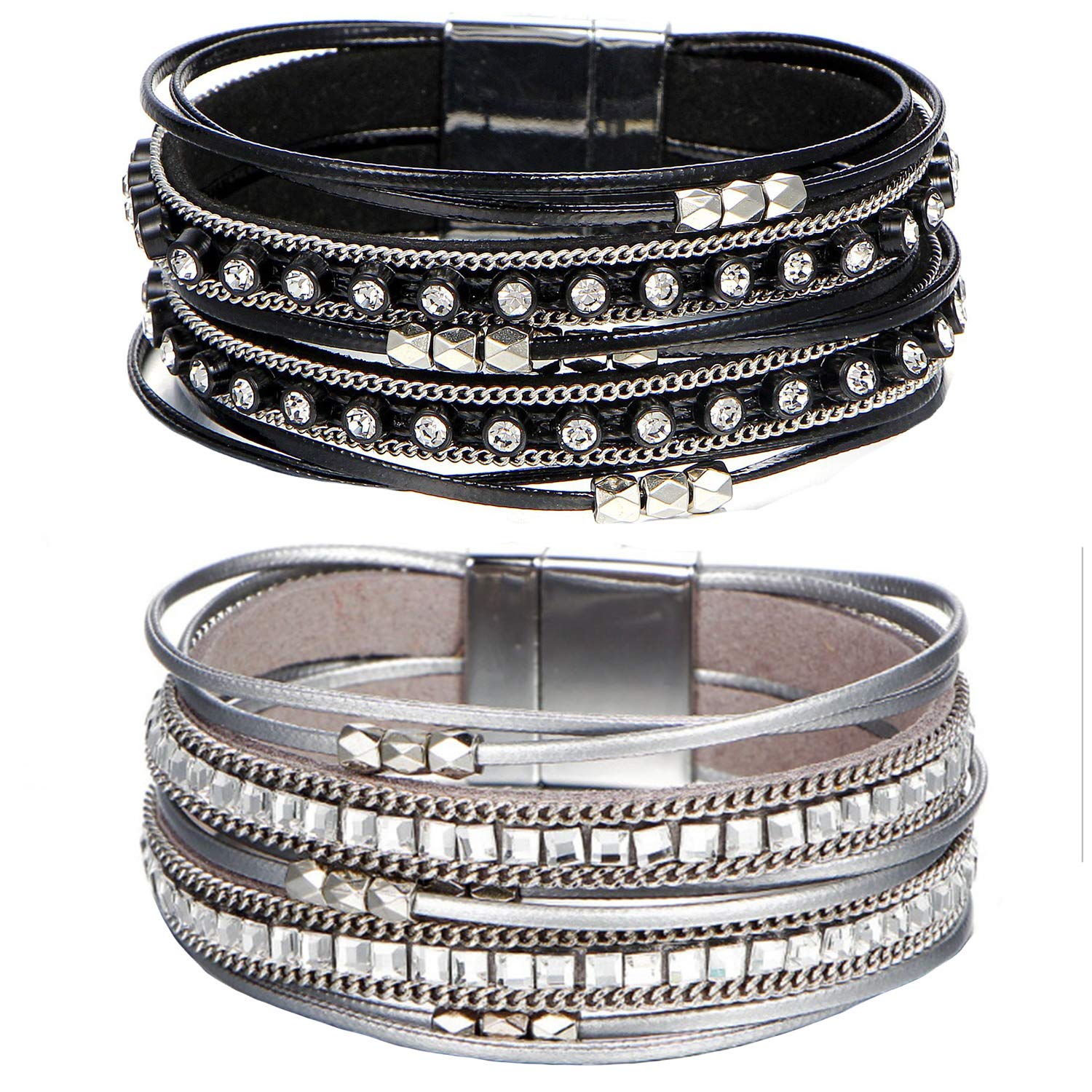 AOASK 2pcs Rhinestone Leather Wrap Bracelet Multi Rope Bracelets Cuff Bracelets Handmade Jewelry for Women, Teens Girl, Daughter, Sister Gifts