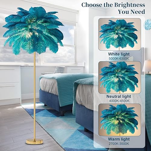 Miniatura 3 de Lámpara de pie de avestruz natural moderna para sala de estar, lámpara de pie LED con interruptor de pie, acabado dorado, elegante pantalla de