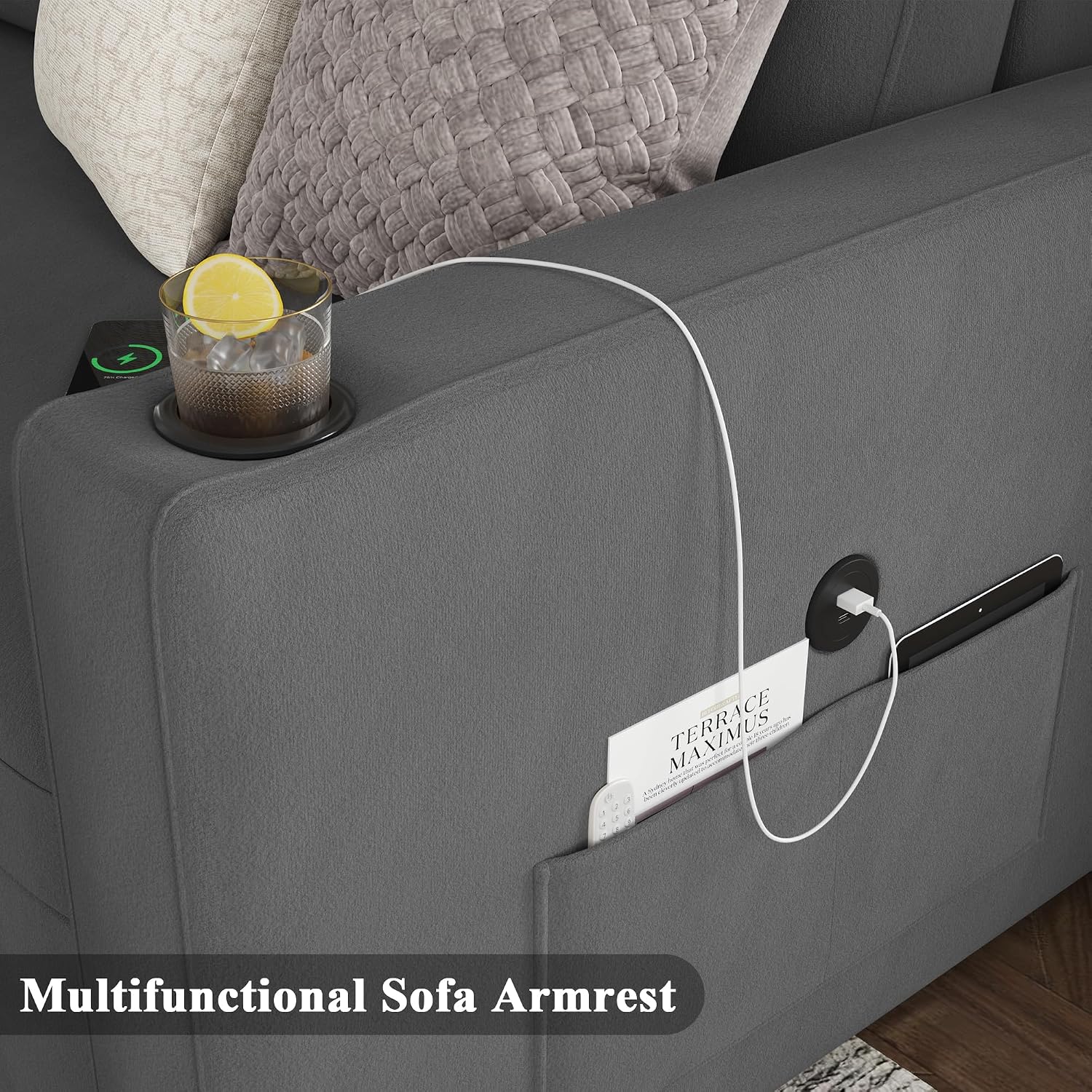 Keyluv 87" Pull Out Sleeper Sofa Bed Reversible Sectional with Charging Station Velvet Dark Gray