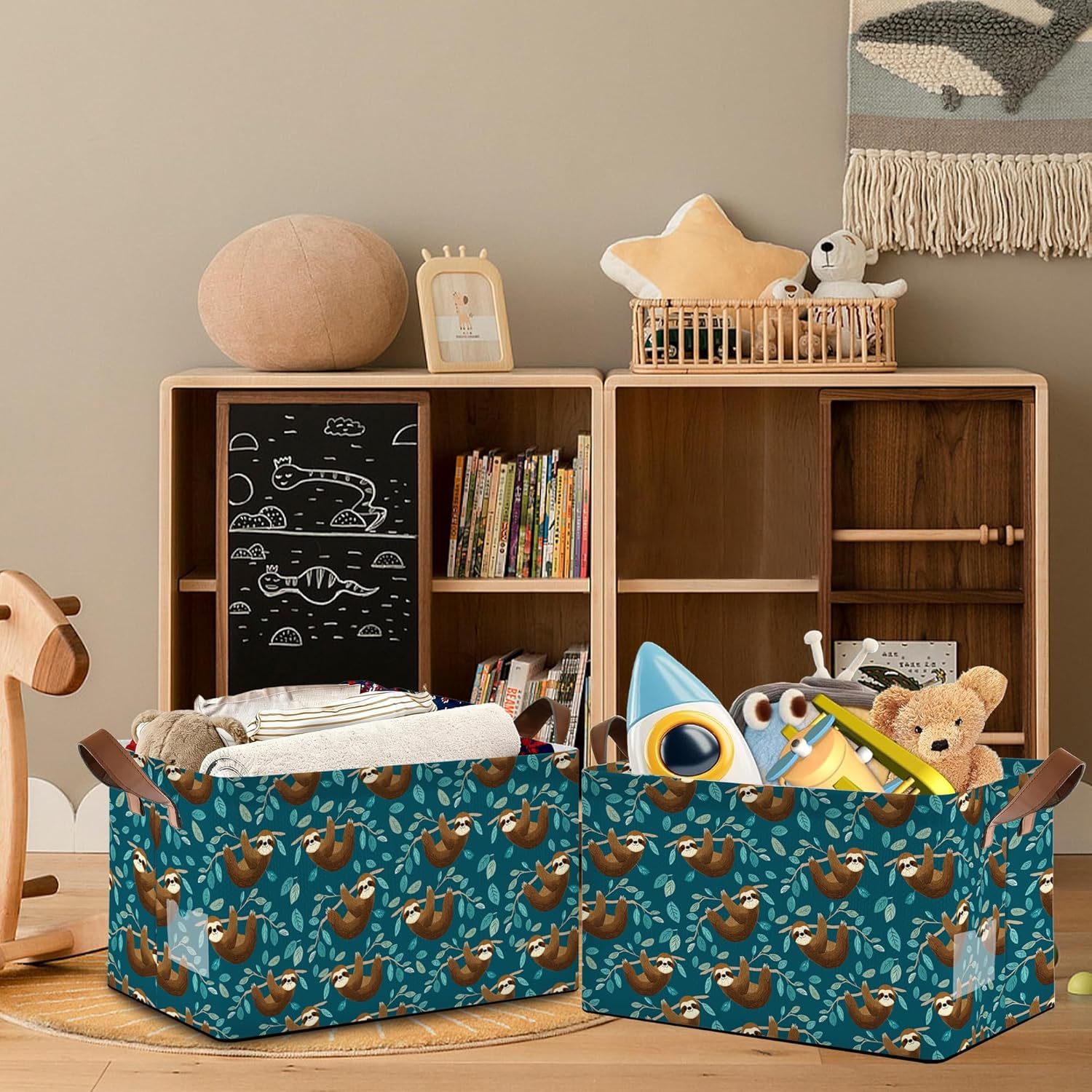 Funny Sloth Storage Baskets,Leaves Foldable Organizer Bin with Handles for Home Living Room Bedroom Closet Box 17x11.5x10Inch