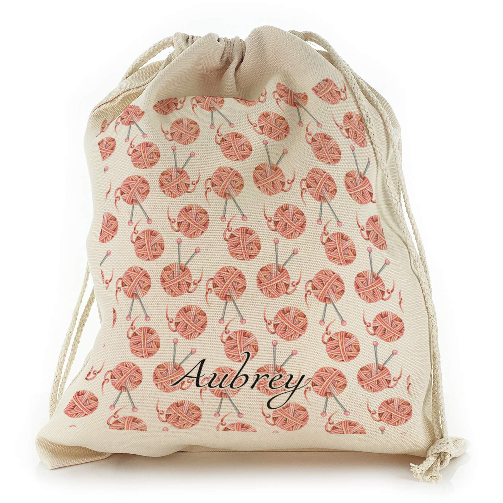 Personalised Knitting Bag/Gift Bag/Storage Bag with Pink Needles and Wool Balls Pattern Design Print, Reusable, Drawstring Sack Customised with Name/Initials/Text, Sizes: XXS, XS, S, M, L, XL