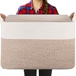 OIASKET Panier de couverture pour le salon, Panier de corde en coton pour le rangement, Paniers de jouets pour les enfants, paniers tissés avec poignées pour vêtements, serviettes, oreillers, 20" x 16" x 12", Marron et blanc