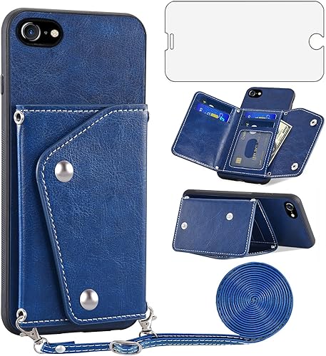 Asuwish Funda de teléfono para iPhone 78SE 20202022, funda tipo cartera con protector de pantalla y tarjetero y correa cruzada iPhone7 iPhone8 7s 8s