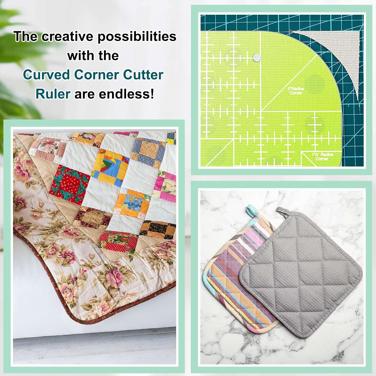 Kigley 2 Pcs Curved Corner Cutter Quilt Ruler Acrylic Sewing Patchwork Ruler 0.5/1 / 1.5/2 / 2.5/3 / 3.5 Radius Corner + Right Angle Quilting Templates for DIY Sewing Supplies (Green)