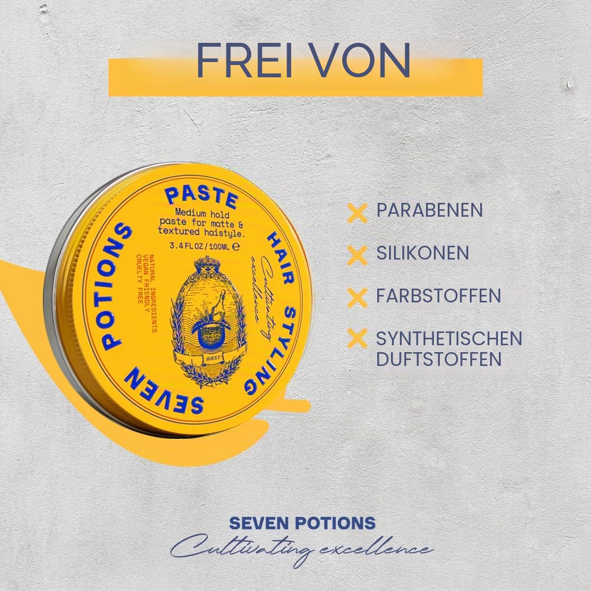Seven Potions Haarstylingpaste für Männer 100ml - Mittlerer flexibler Halt Knete - Mattes und strukturiertes Finish - Einfache Anwendung - Natürlich, vegan, tierversuchsfrei