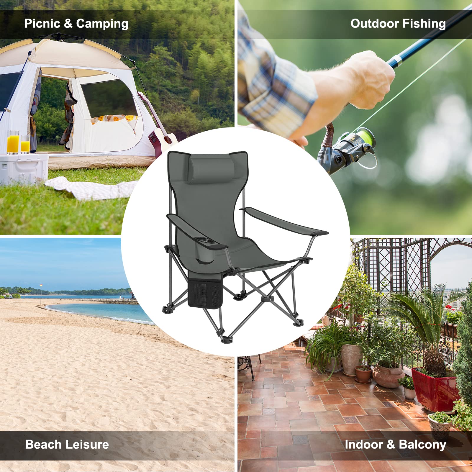 WOLTU Chaise de Camping Pliante, Fauteuil de Pêche avec Repose-Pied et Appui-tête Amovible, Sac de Transport, pour Activités en Plein Air, Gris