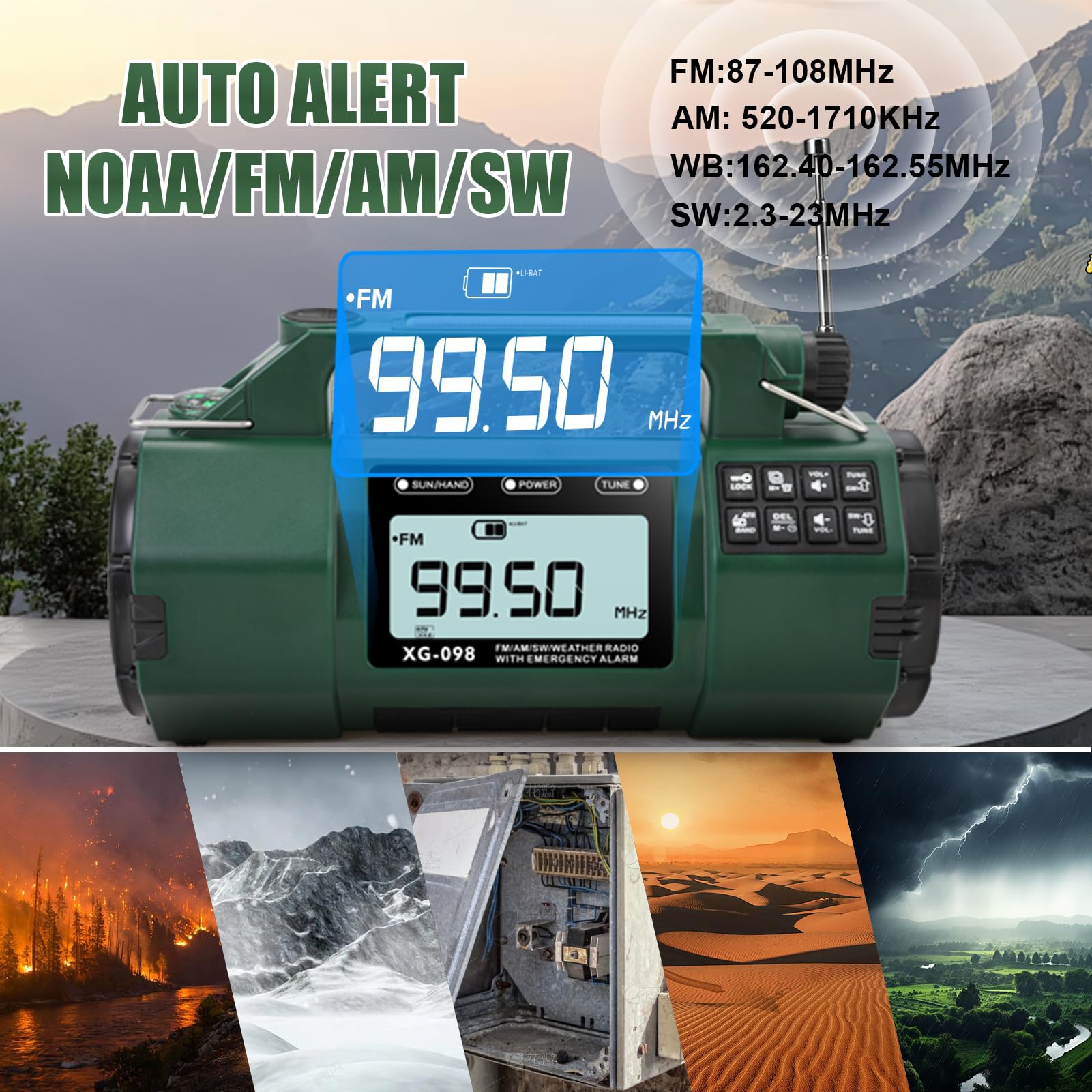 Radio météo d'urgence, batterie remplaçable 5000 mAh, radio solaire à manivelle avec alerte AM/FM/SW/NOAA, réveil, minuteur, boussole, chargeur de téléphone portable, prise casque, lampe de poche et